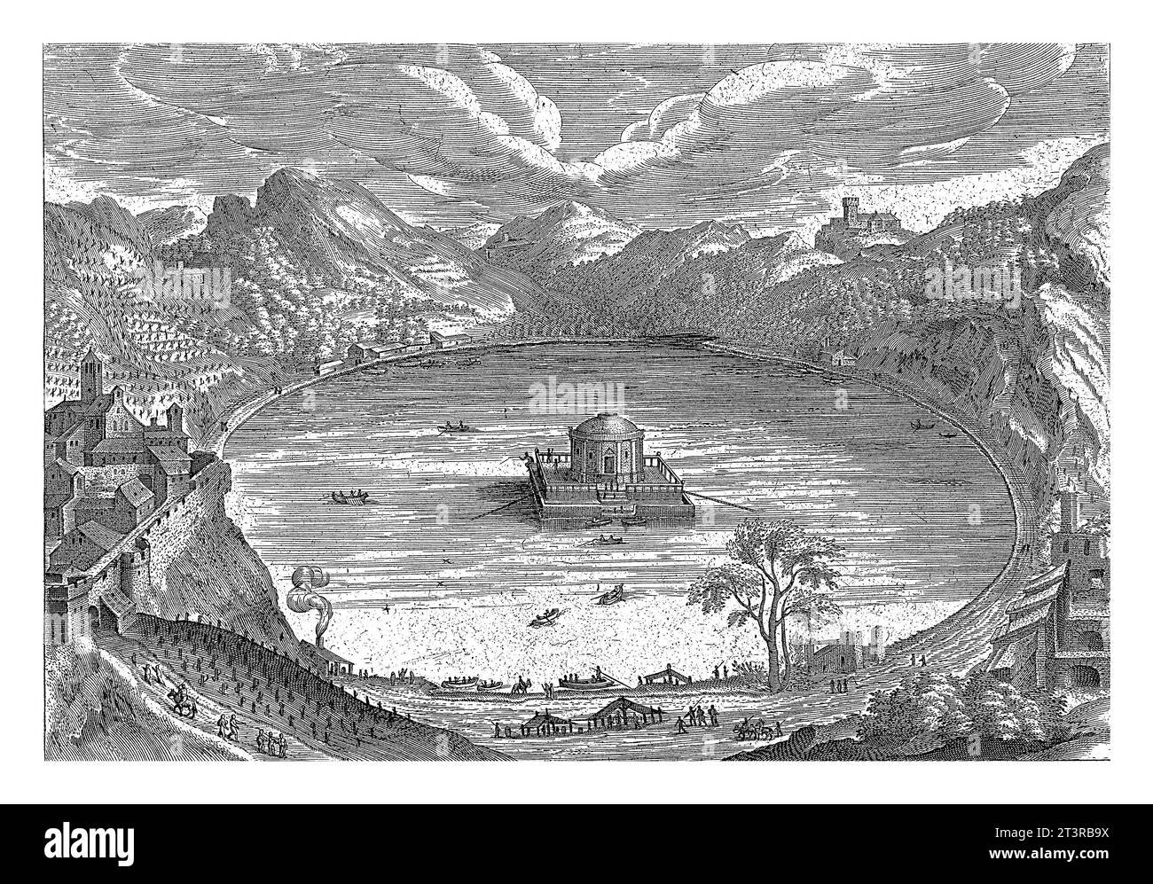 Vista del lago Nemi, Hendrick van Cleve, 1585 Vista del lago Nemi con un tempio al centro del lago. Alcune navi sul lago. La stampa fa parte di un Foto Stock