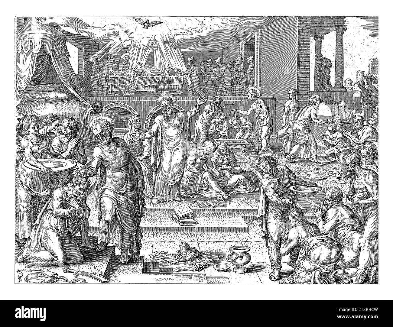 Gli Apostoli battezzano i nuovi credenti a Gerusalemme, Claes Jansz. Visscher, dopo Philips Galle, dopo Maarten van Heemskerck, 1643 - 1646 Apostles baptize ne Foto Stock