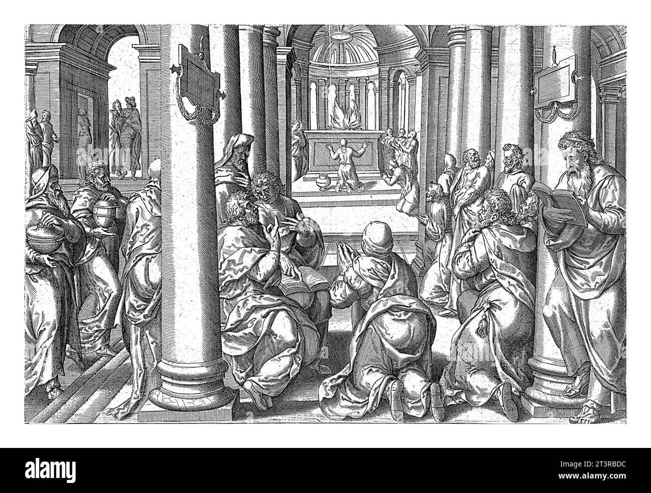 Il nuovo altare nel Tempio di Gerusalemme è dedicato come canto degli Israeliti. Altri portano offerte. Un sacrificio brucia sul nuovo altare. Foto Stock