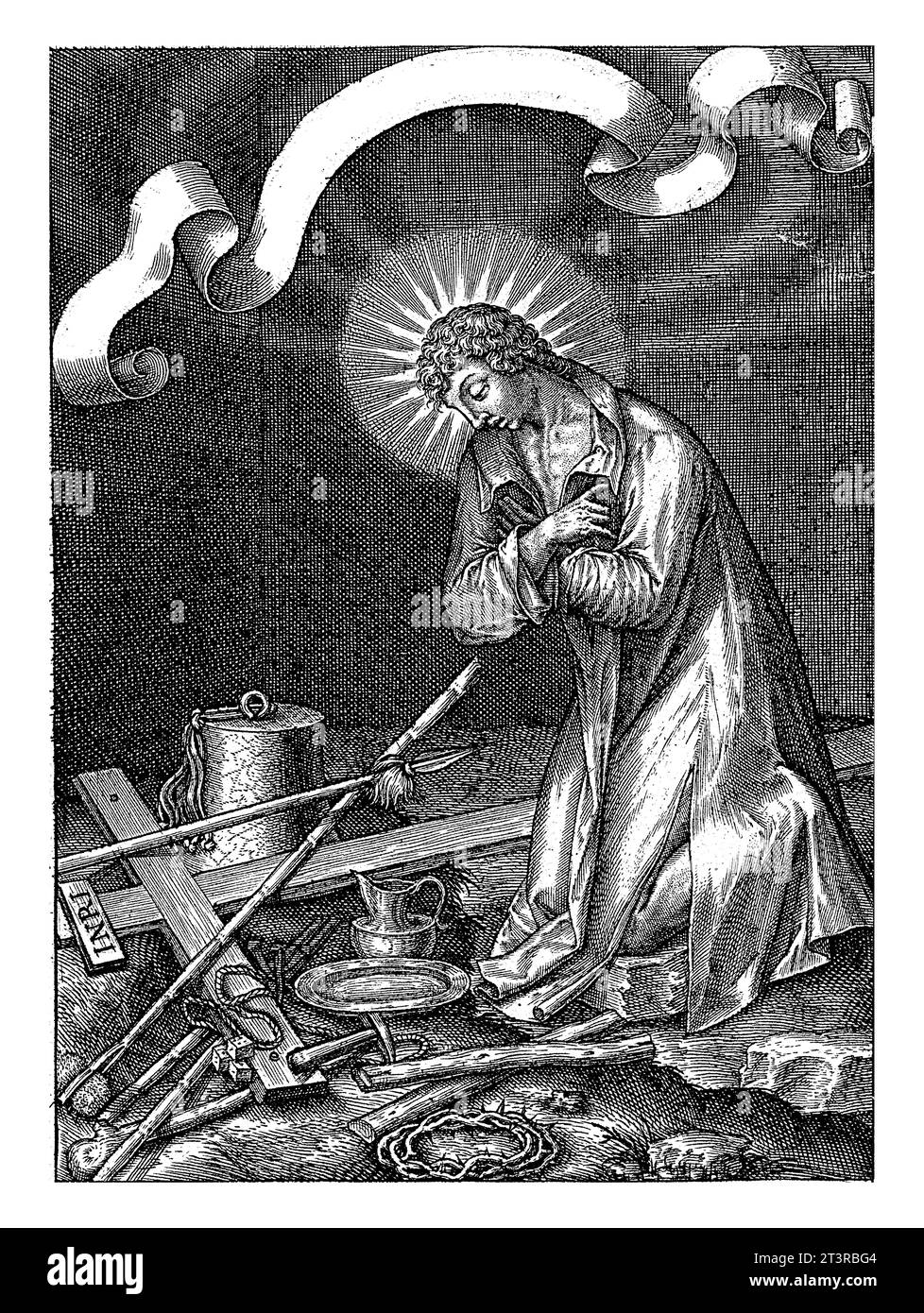 santo maschio sconosciuto, pensivo degli strumenti della passione, Hieronymus Wierix, 1563 - prima del 1619 Un santo maschio, la sua testa circondata da un alone, inginocchiato con la sua Foto Stock