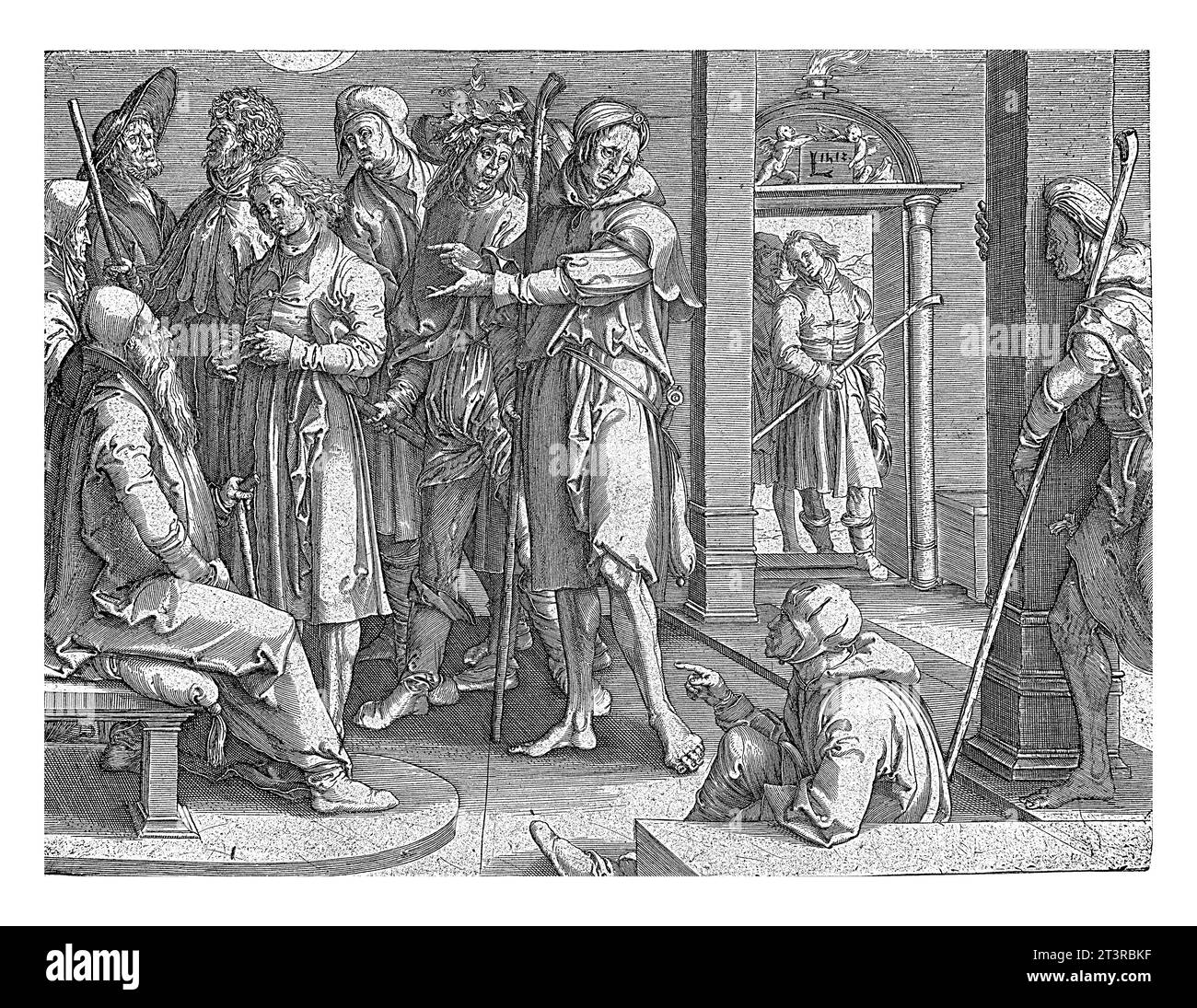 Jozef racconta i suoi sogni a Jakob, Jan Harmensz. Muller (possibilmente), dopo Lucas van Leyden, 1581 - 1628 Copia in immagine speculare. Joseph entra nella stanza throu Foto Stock