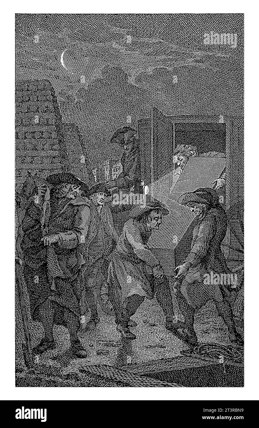 Vista notturna con uomini che trasportano una bara, Reinier Vinkeles (i), 1785, inciso d'epoca. Foto Stock