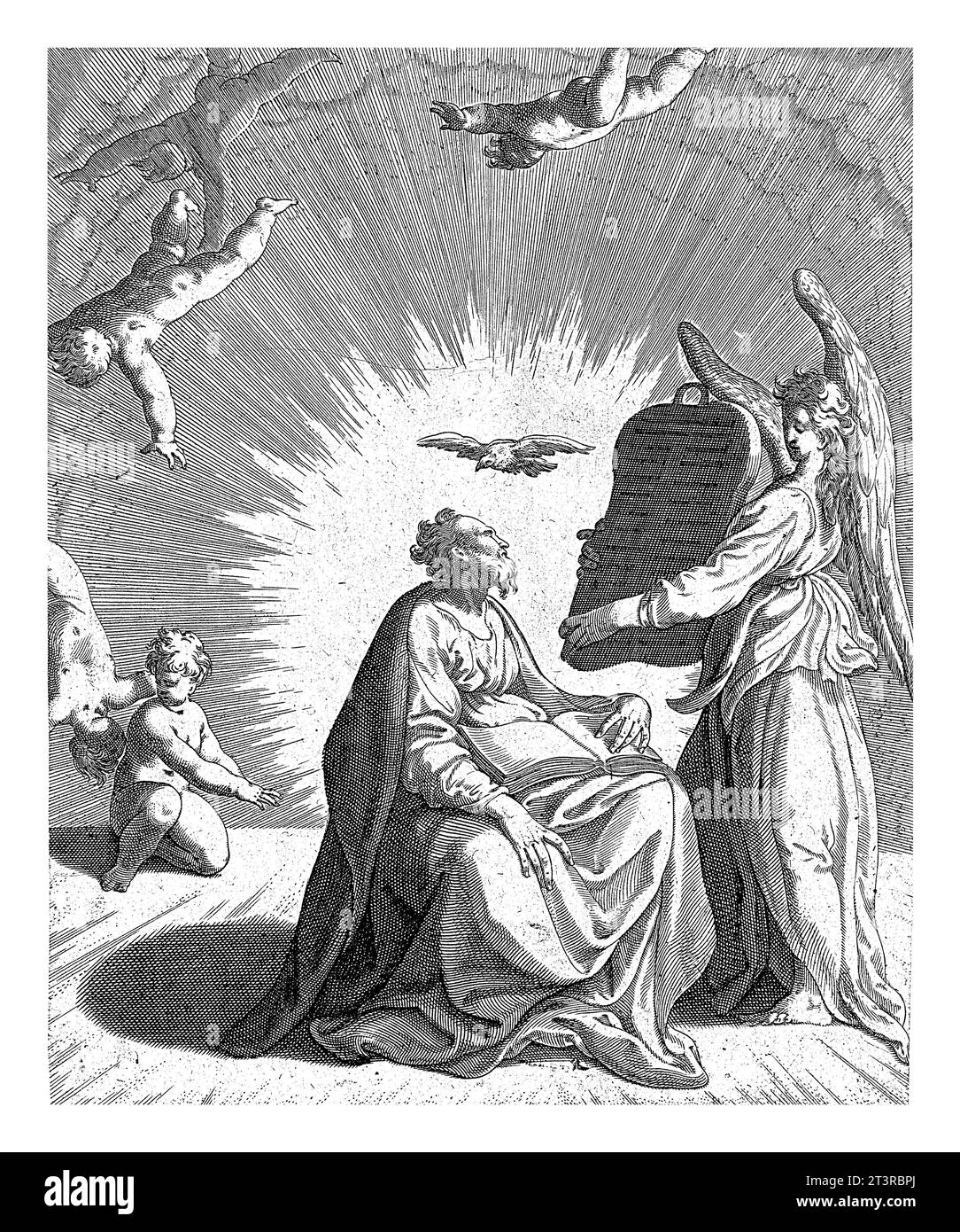 Matteo e l'Angelo, Isaac Duchemin (attribuito a), dopo Adriaan de Weerdt, 1563 - 1590 l'evangelista Matteo siede in grembo con un libro aperto. Foto Stock