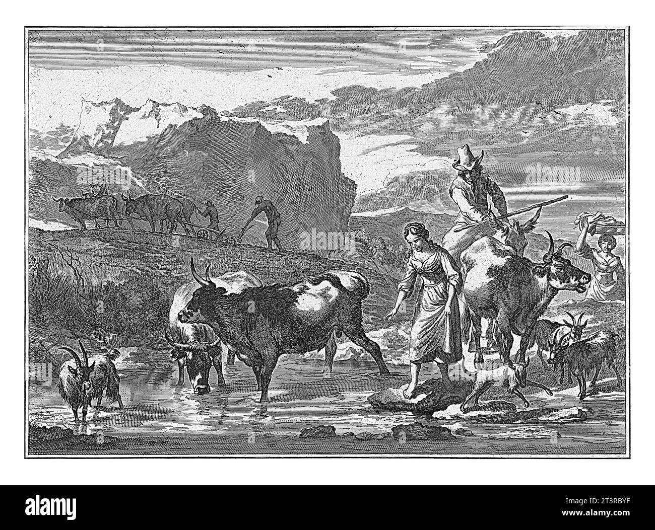 La giovane donna cammina sulle pietre lungo un fiume, anonima, dopo Jan de Visscher, dopo Nicolaes Pietersz. Berchem, 1699 - 1756 paesaggio montano con shep Foto Stock