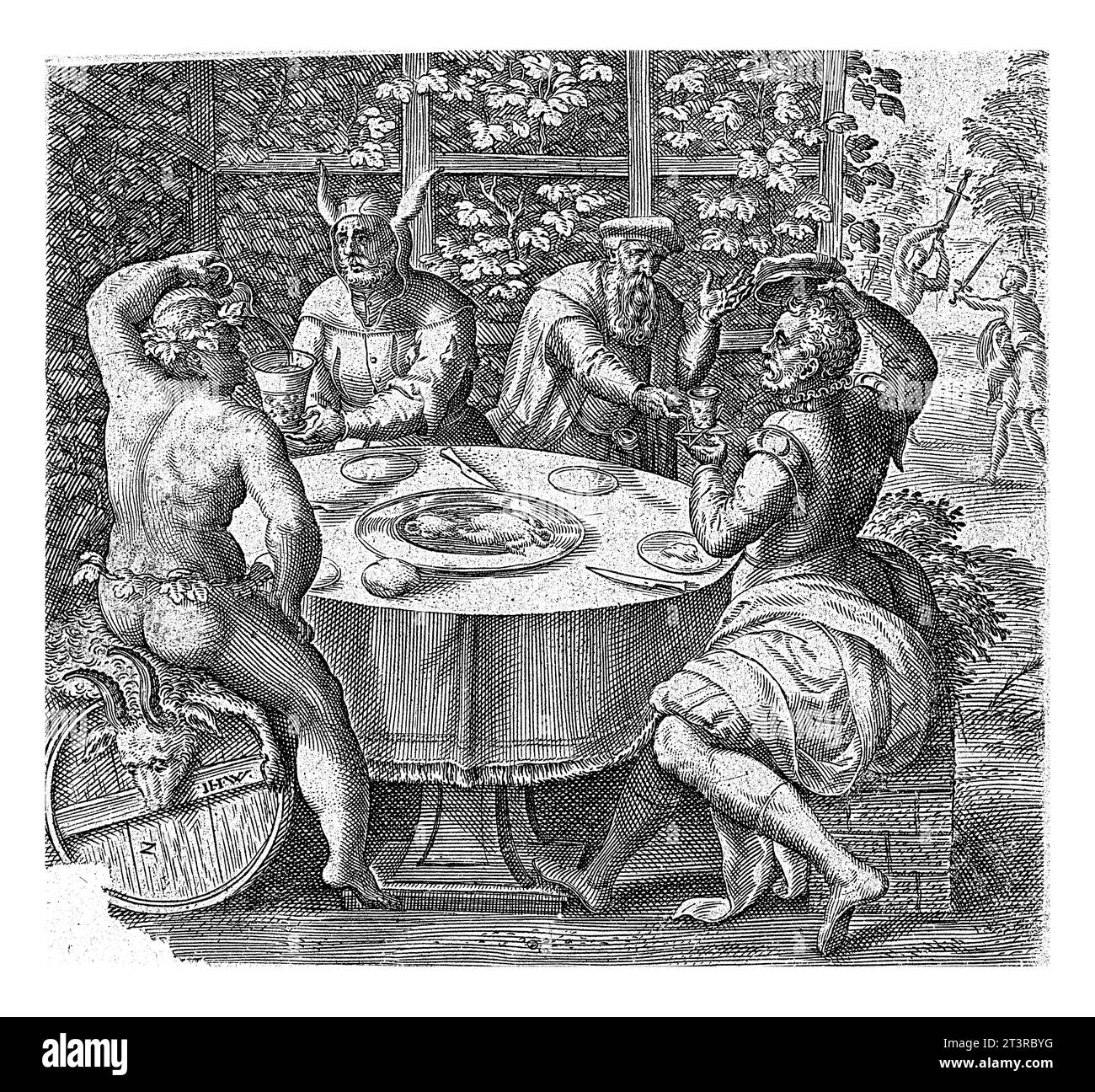 L'abuso causa dolore, il piacere porta gioia, Johannes Wierix, dopo Gerard van Groeningen, 1575 Una compagnia a tavola in un arbor. A sinistra: Bacco versa un Foto Stock