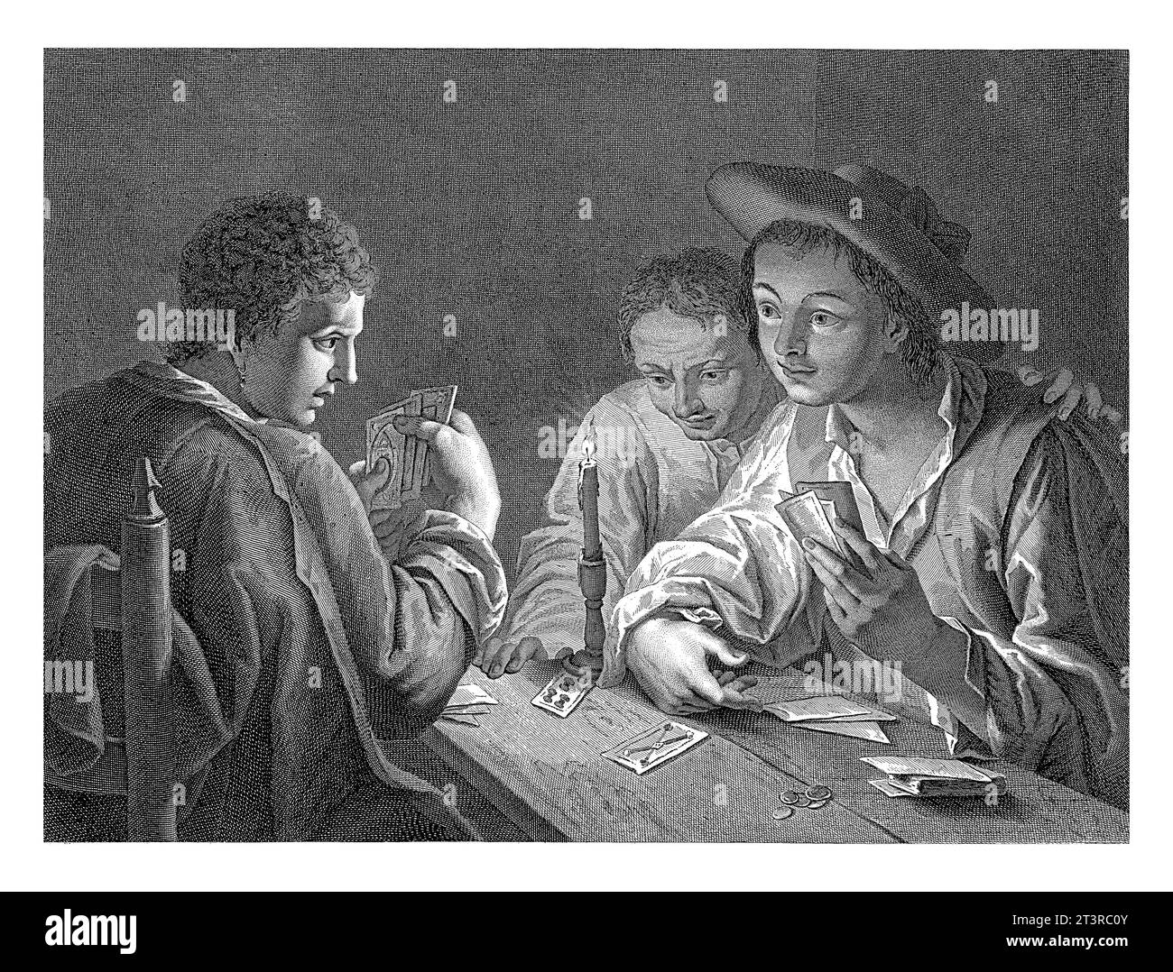 Giocatori di carte, Nicolo cavalli, dopo Francesco Maggiotto, 1740 - 1822 due giovani giocano a carte a un tavolo. Un terzo uomo guarda. Sul tavolo ci sono delle monete Foto Stock