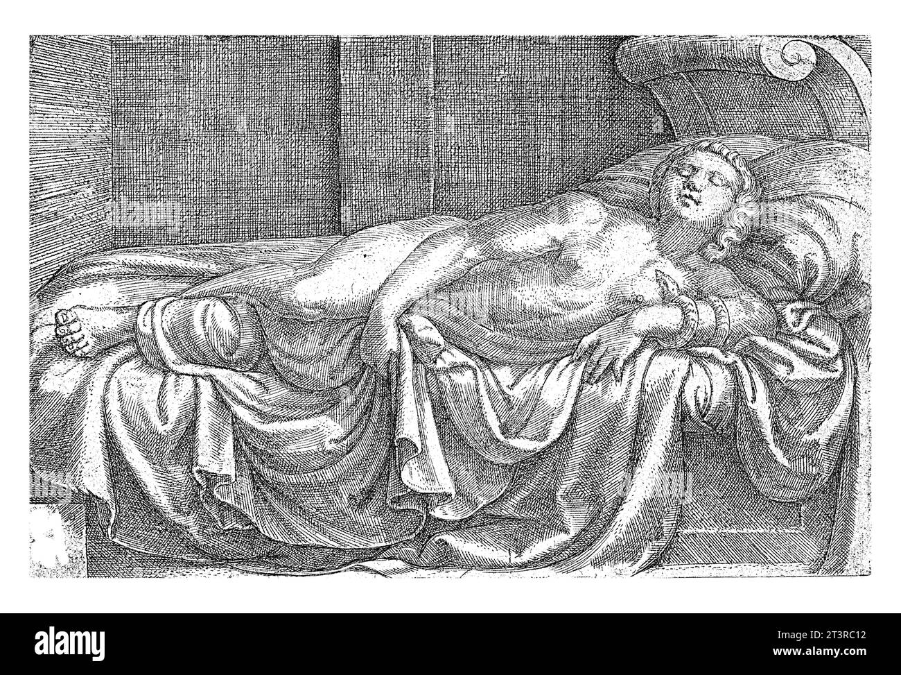 Morte di Cleopatra, Cornelis Massijs, 1550 la morta Cleopatra, sdraiata su una panchina di riposo, con il serpente avvolto intorno al braccio. Si è suicidata Foto Stock