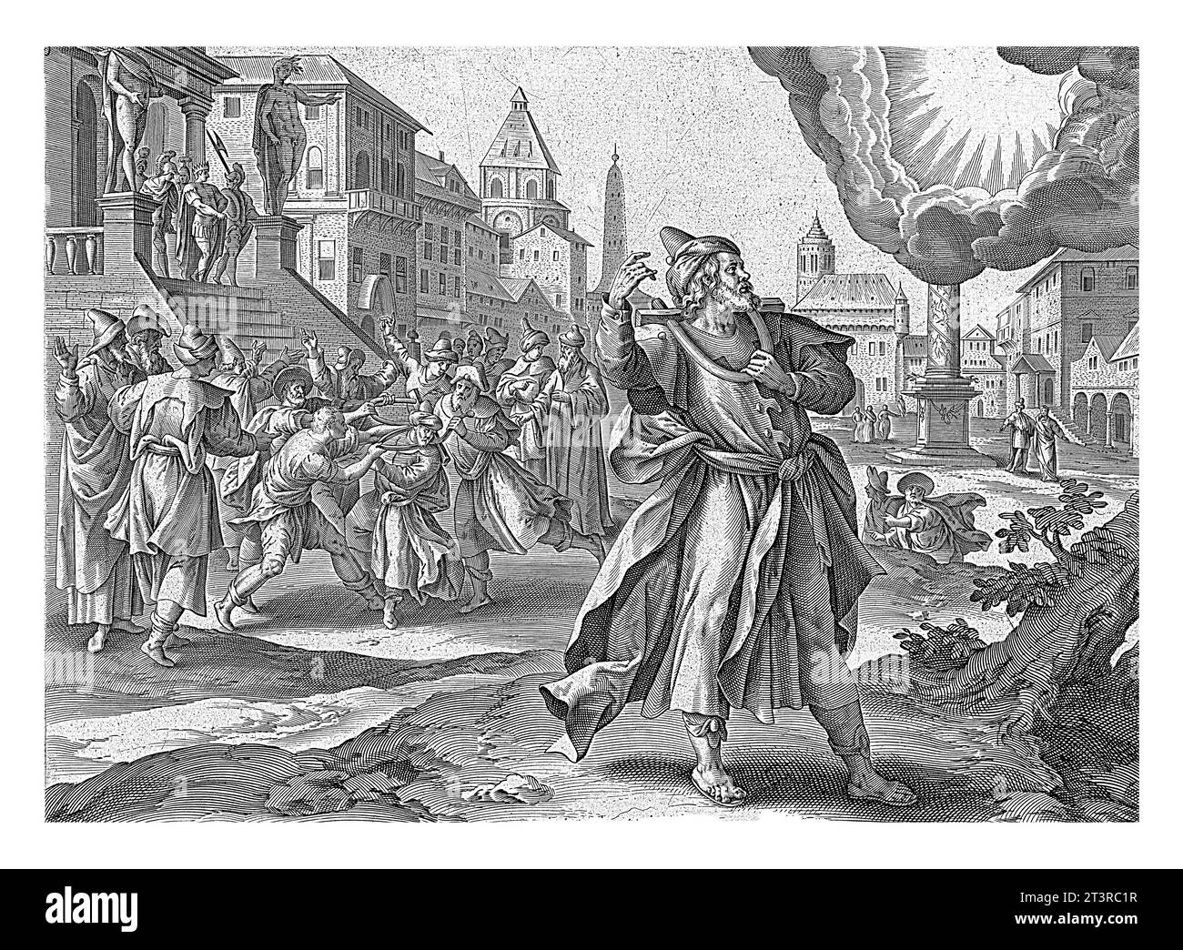 Dio appare a Geremia, Antonie Wierix (II), dopo Maerten de Vos, 1639 Dio appare nel cielo. Il profeta Geremia sta in piedi con la mano alzata e.. Foto Stock