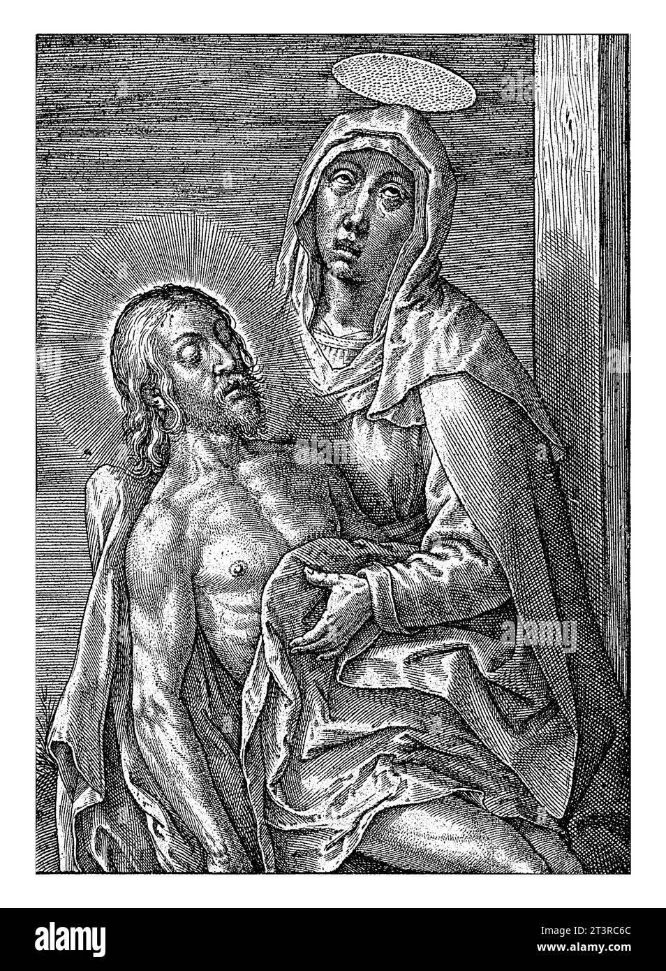 Pieta, Hieronymus Wierix, 1563 - prima del 1619 Maria piange il Cristo morto, che giace in grembo. Siede ai piedi della croce (di cui solo la ve Foto Stock