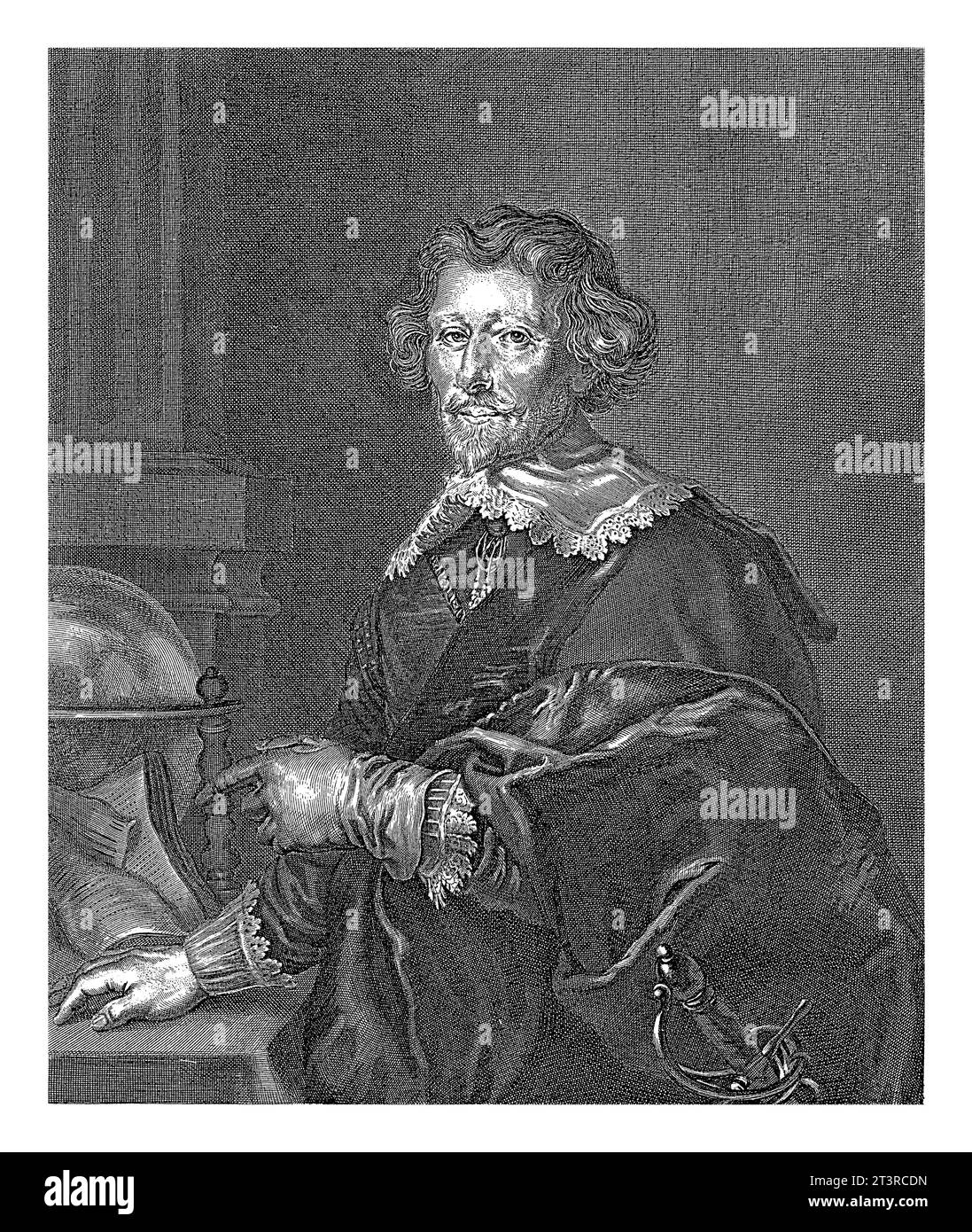 Ritratto del poeta Pieter Corneliszoon Hooft, all'età di 62 anni. Indica un libro aperto che giace su un tavolo vicino a un globo. A margine un quattro lin Foto Stock