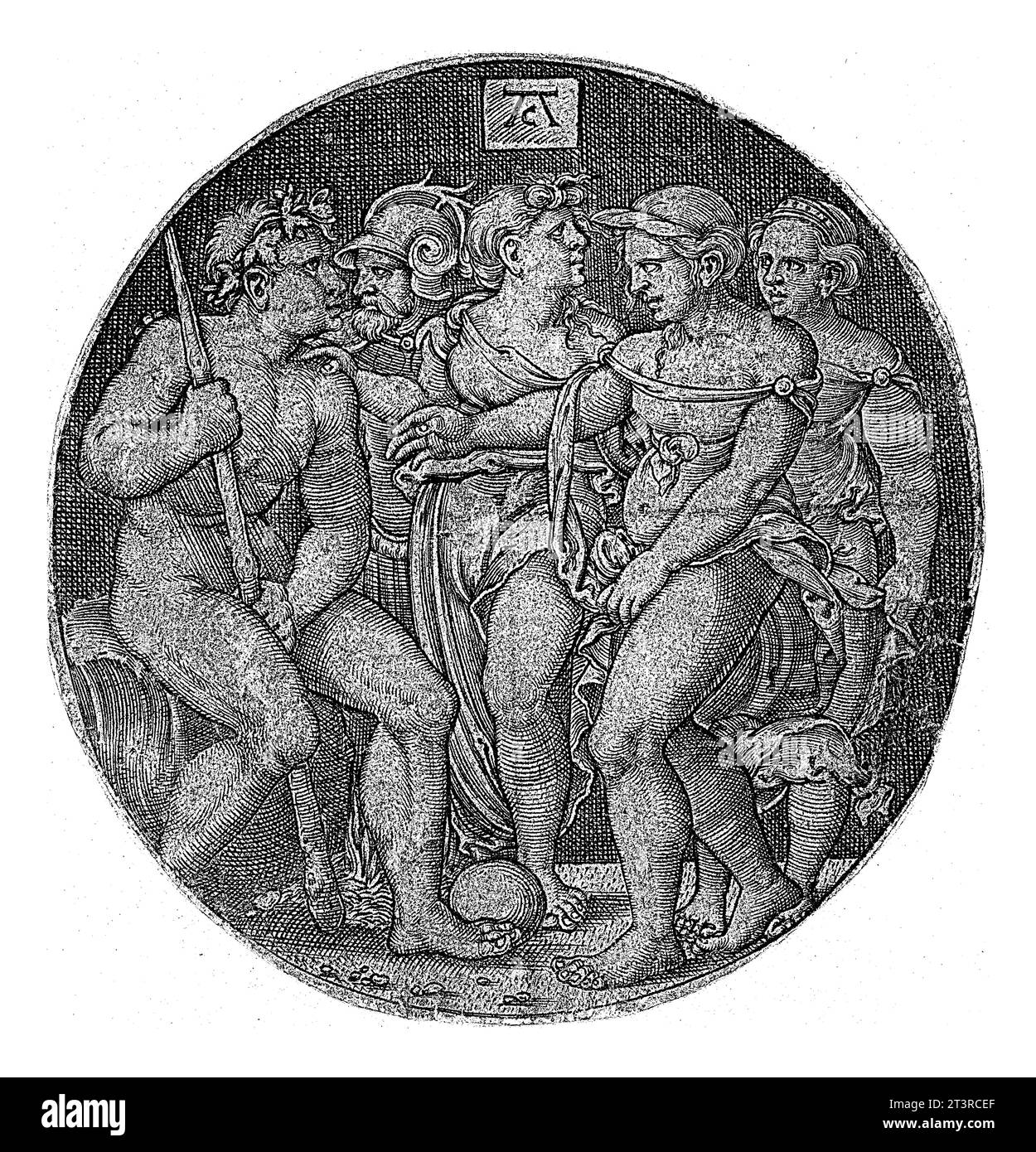 Giudizio di Parigi, Monogrammista AC (XVI secolo), dopo Hans Sebald Beham, 1520 - 1562 in cerchio Parigi con una palla ai piedi, insieme a tre g. Foto Stock