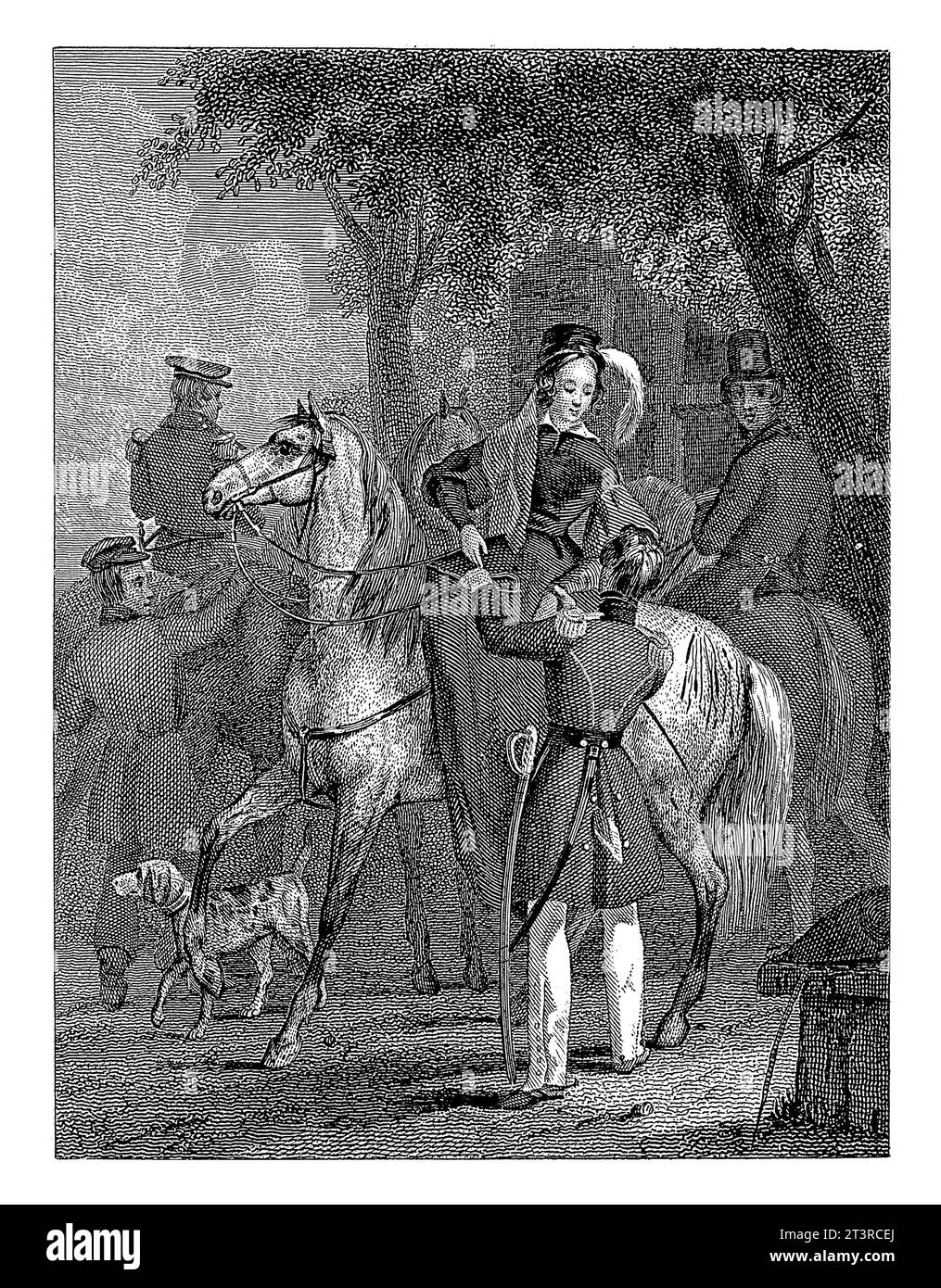 Il togtje dopo ter Ledesteyn, Dirk Jurriaan Sluyter, dopo Reinier Craeyvanger, 1838 Un uomo in uniforme militare aiuta una signora a cavallo. Dietro di lei Foto Stock