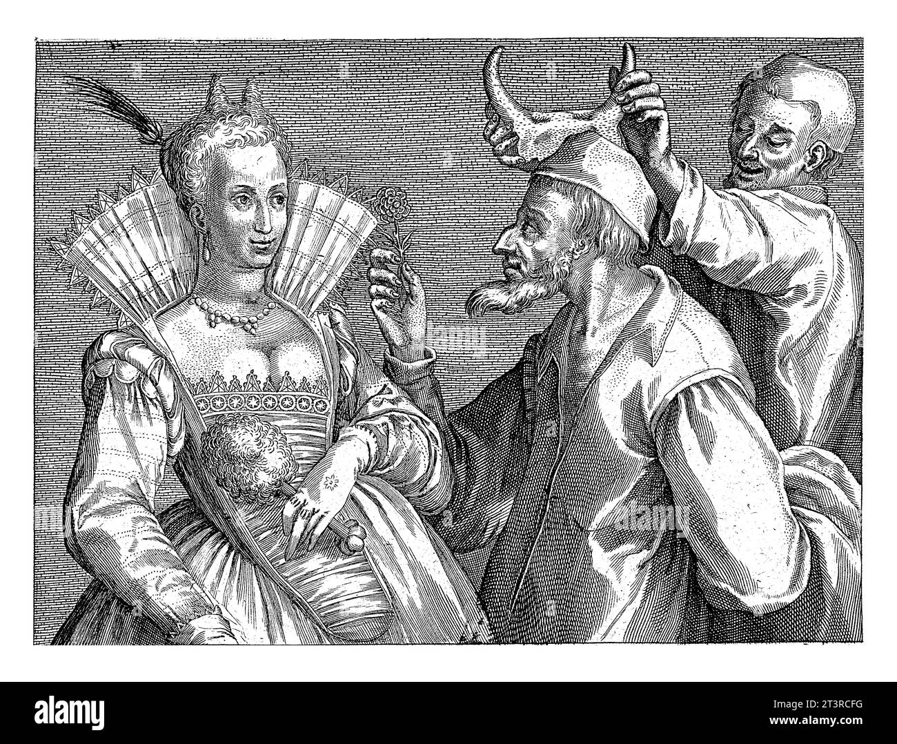 Giovane donna, tradimento, vecchio marito, Crispijn van de Passe (i), dopo Jacques Bellange, 1574 - 1637 un vecchio in abito da notte offre il suo bellissimo filato Foto Stock