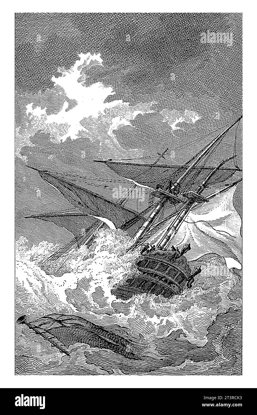 Nave in alto mare in una tempesta, Reinier Vinkeles (i), 1751 - 1816 vintage inciso. Foto Stock