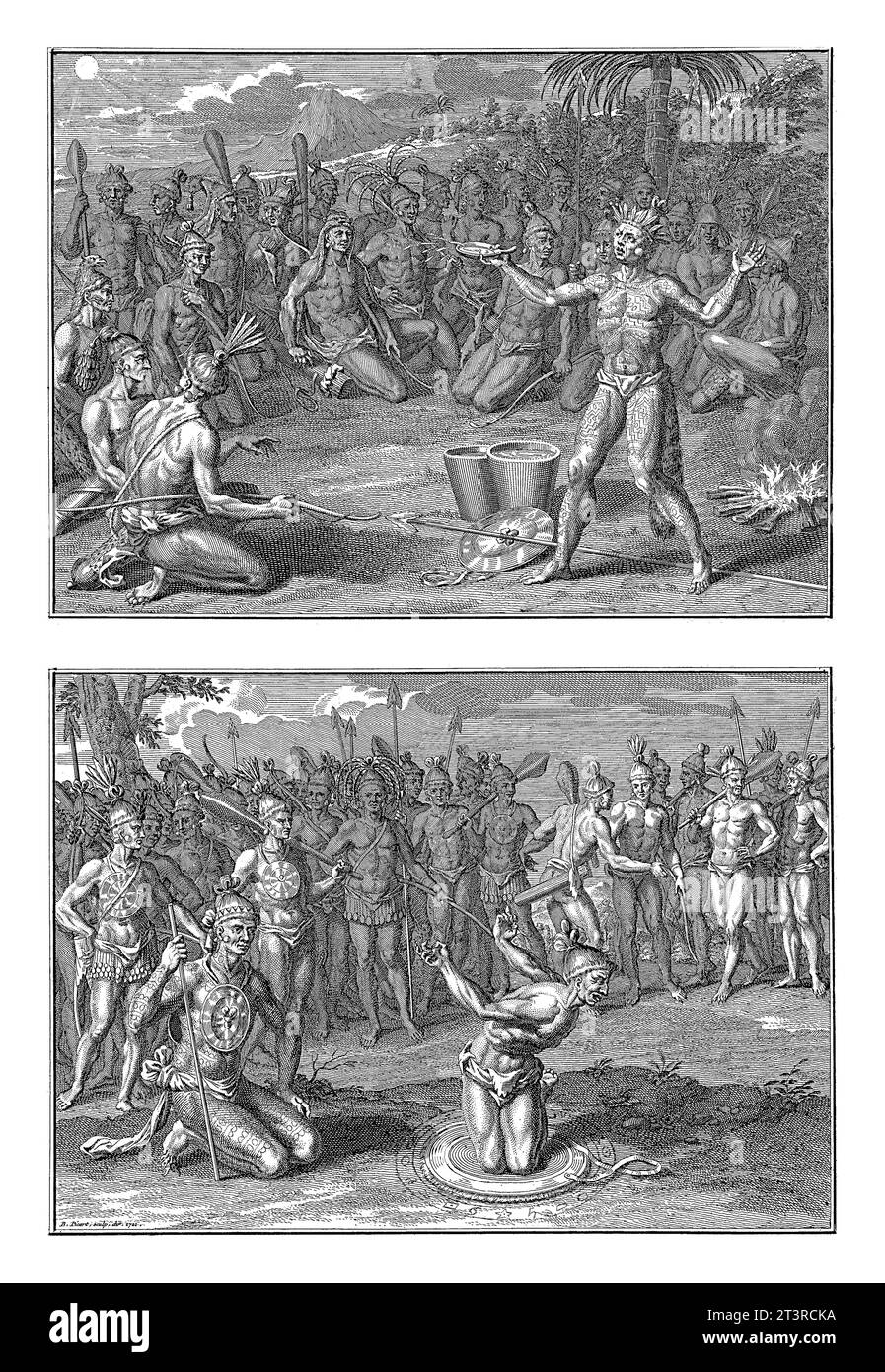 War Ceremonies of American Indians from Florida, Bernard Picart (workshop of), 1721 Foglio con due rappresentazioni delle cerimonie degli americani Indiani f Foto Stock
