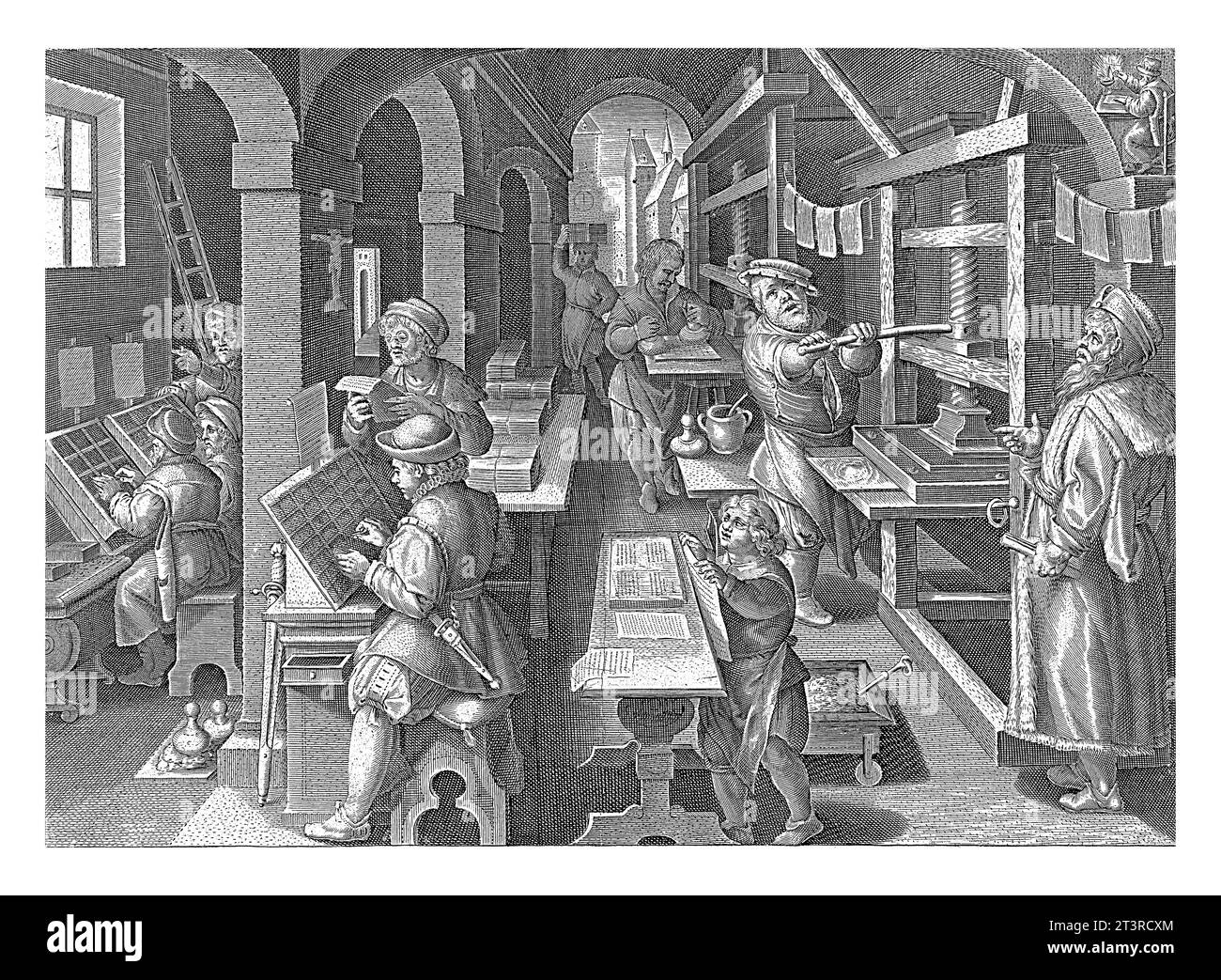 Stampa di libri, Philips Galle (attribuita alla bottega di), dopo Jan van der Straet, c. 1589 - c. 1593 Una tipografia con macchine da scrivere sulla sinistra AN Foto Stock
