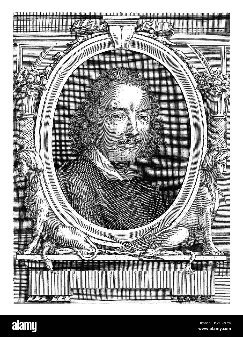 Ritratto di Andrea Sacchi in una cornice ovale portata da Sfingi, Guillaume Vallet, dopo Carlo Maratti, 1691 - 1752 Foto Stock