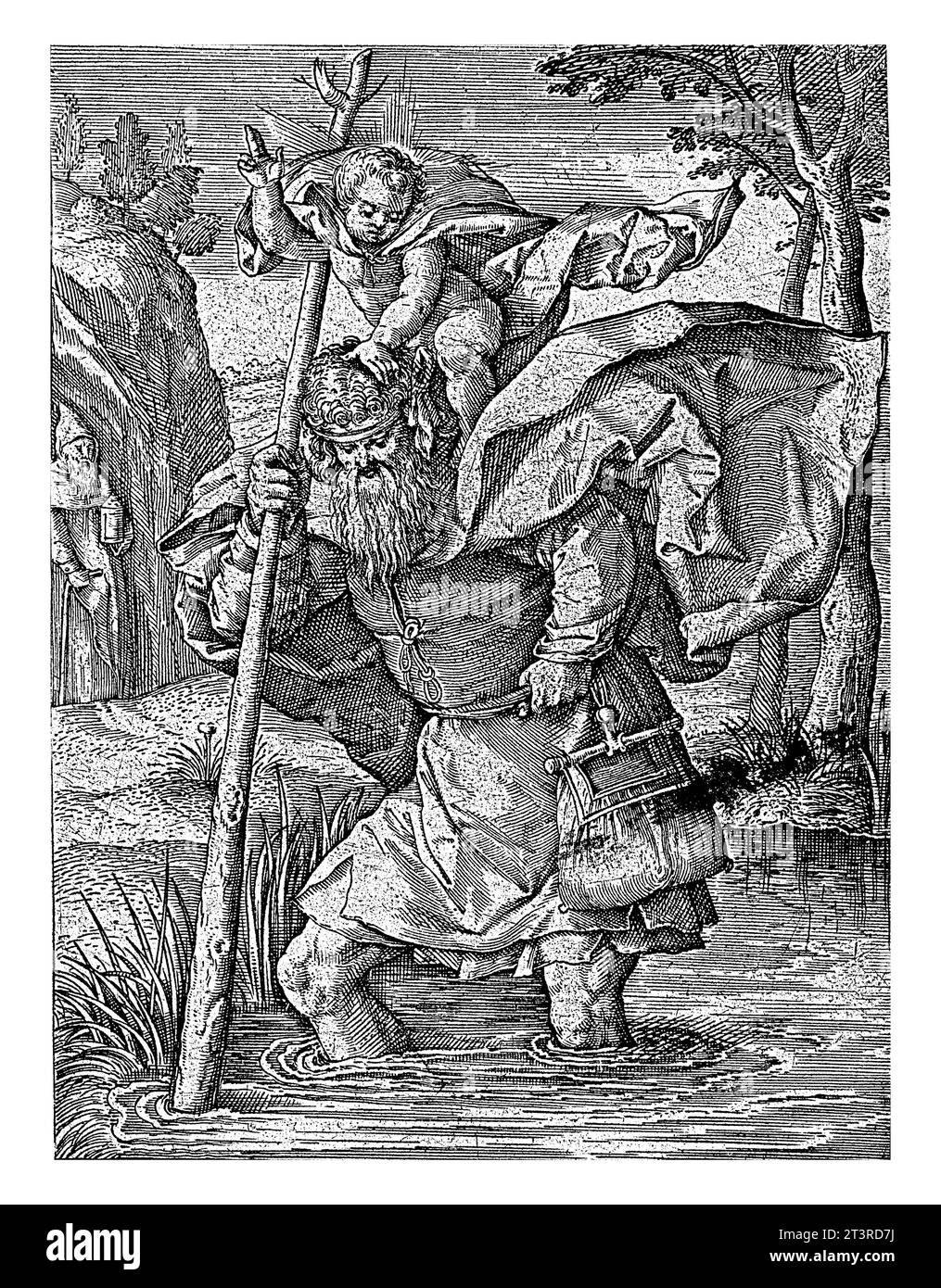 H. Christoffel, Wierix (possibilmente), 1550 - 1650 paesaggio con San Cristoforo che attraversa l'acqua con un bambino sulla schiena. Dall'altra parte o. Foto Stock