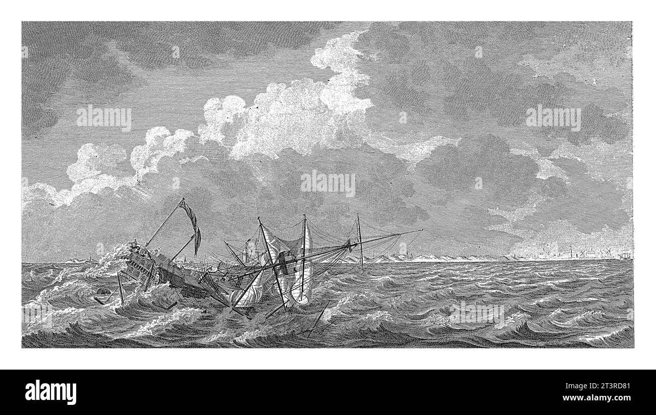 Abbattimento degli alberi della nave Woestduin, 1779, Arend Fokke Willemsz., dopo Engel Hoogerheyden, 1780 la nave VOC 'Woestduin'. Foto Stock