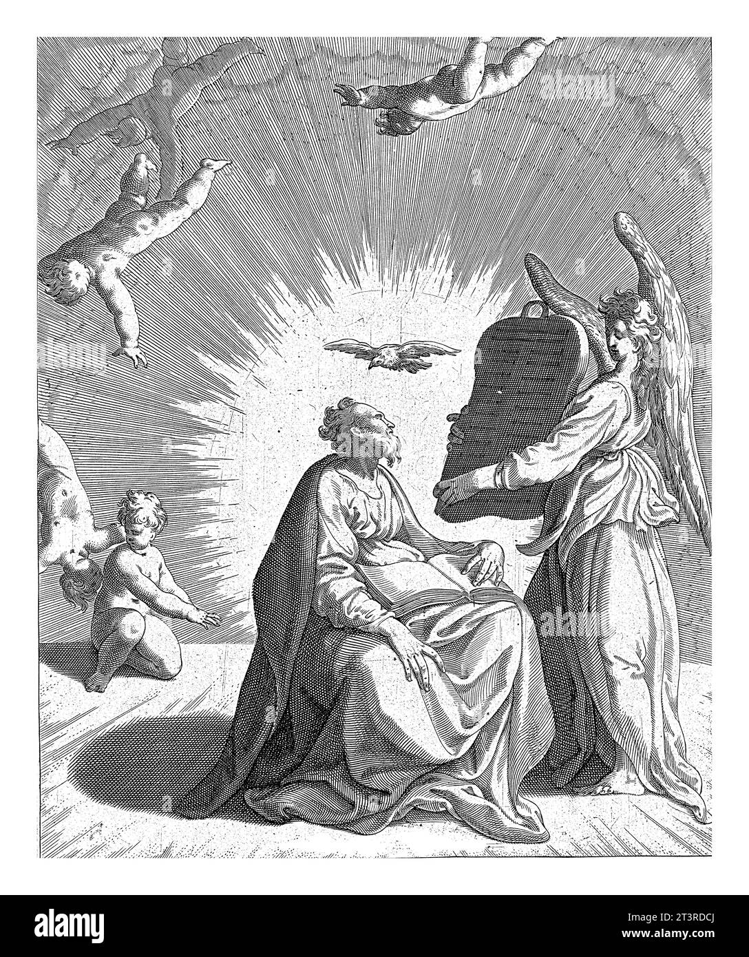 Matteo e l'Angelo, Isaac Duchemin (attribuito a), dopo Adriaan de Weerdt, 1563 - prima del 1591 l'evangelista Matteo siede sul suo grembo con un open Foto Stock