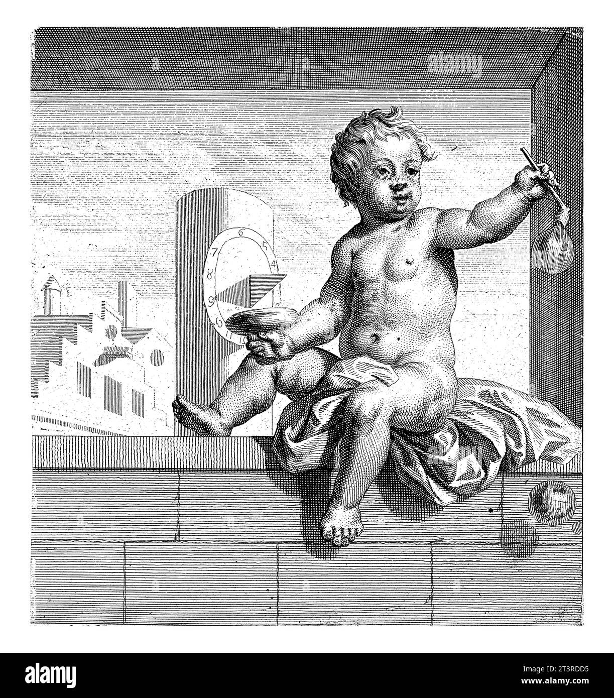 Seduti putto che soffiano bolle., Gilliam van der Gouwen, dopo Jan Hoogsaat, 1670 - c. 1740 Una performance di Vanitas. Su un muro c'è un putto. Foto Stock