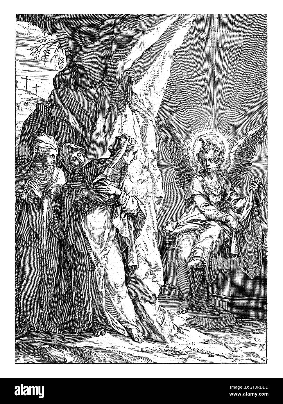Tre Marys alla tomba, Egbert van Panderen, dopo Hans von Aachen, 1590 - 1637 circa alla tomba di Cristo, un angelo appare alle tre donne sante Foto Stock