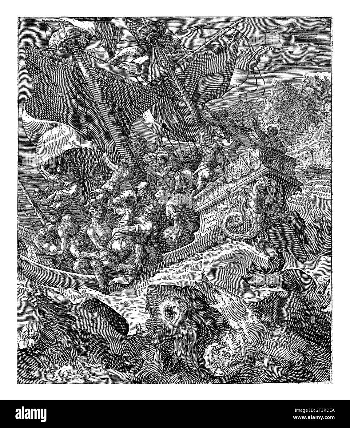 Jona viene gettata in mare dai marinai, Crispijn van de Passe (i), dopo Maerten de Vos, 1574 - 1637 la nave su cui sta navigando Jona è devastata Foto Stock