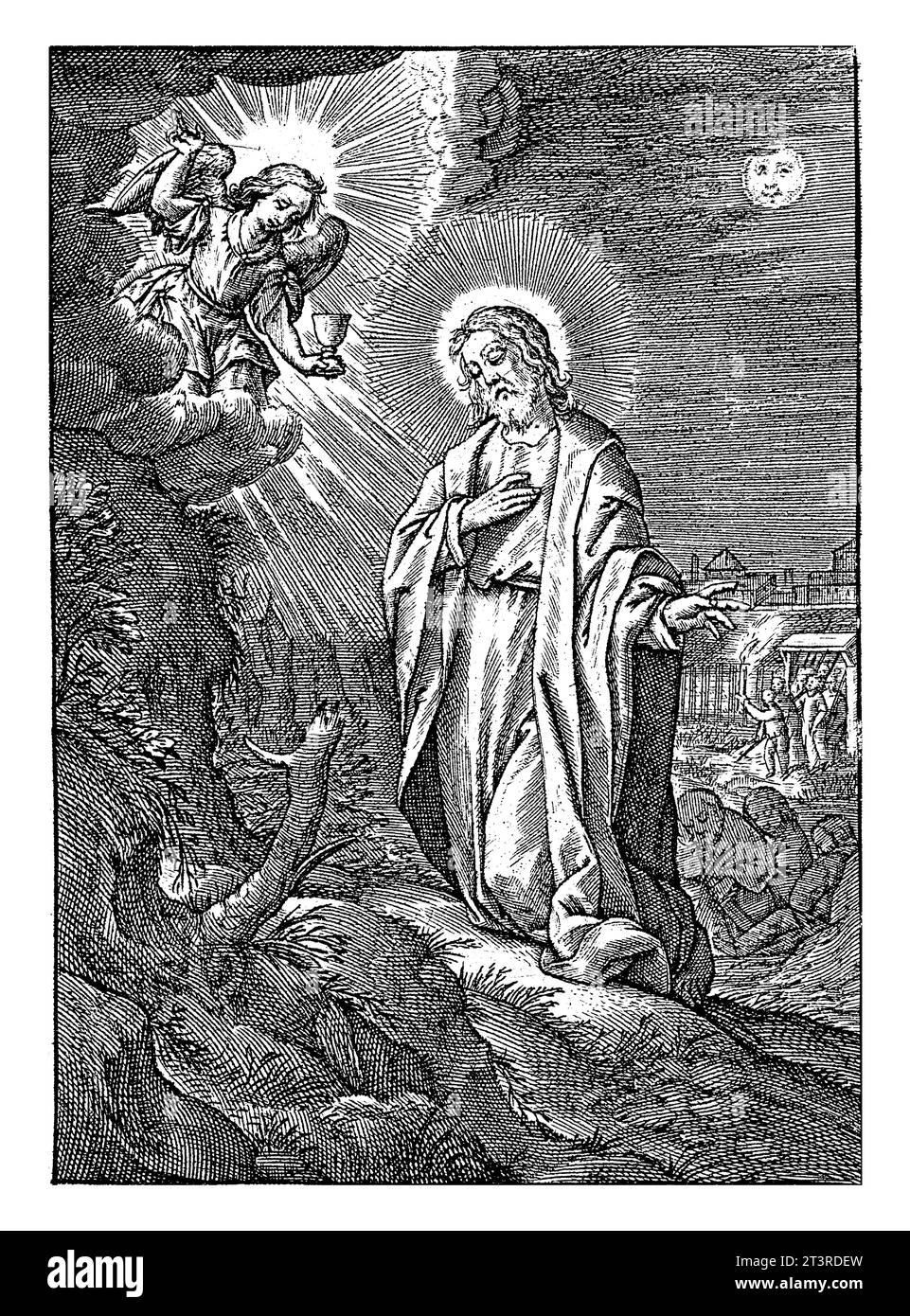 Cristo nel Giardino del Getsemani, Hieronymus Wierix, 1563 - prima del 1619 Cristo prega nel Giardino del Getsemani. Dal cielo appare un angelo con Foto Stock