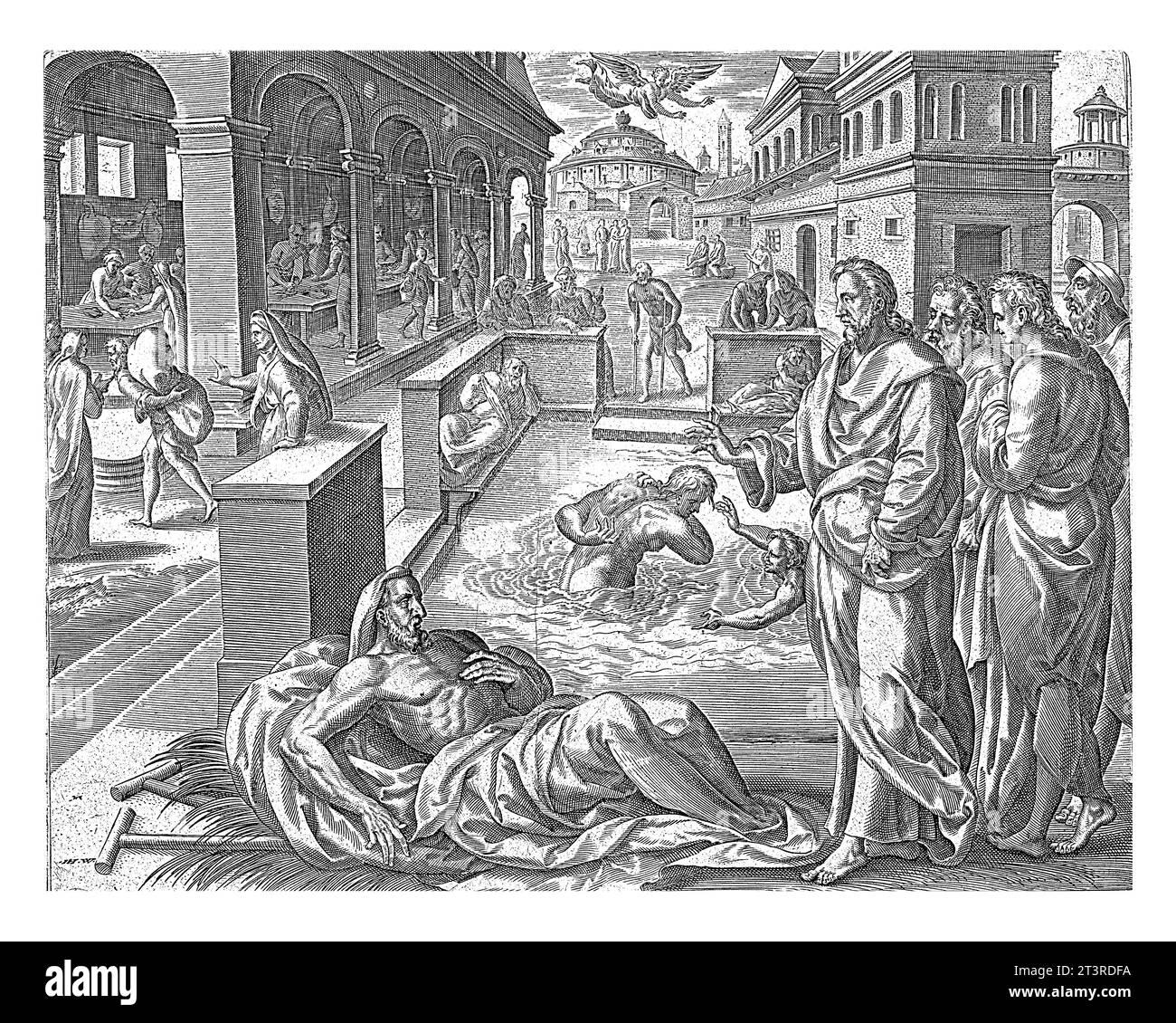 Cristo guarisce i malati a Betzata (Bethesda), Johannes Wierix, dopo Gerard van Groeningen, 1585 Cristo guarisce un uomo, che era stato malato per 30 ei Foto Stock