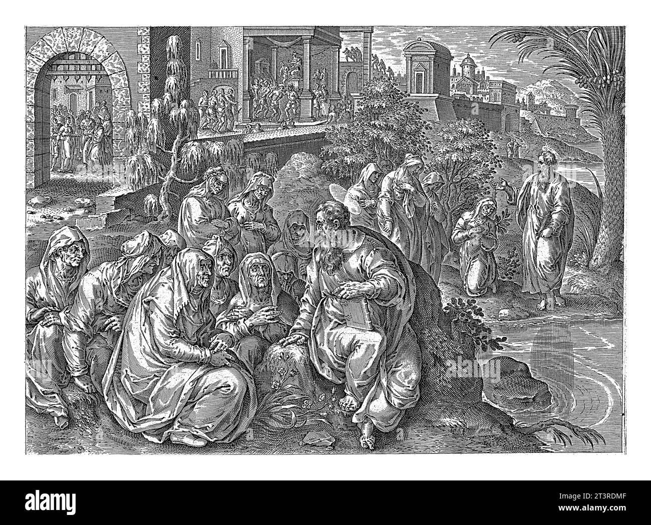 Paolo parla alle donne di Filippi dopo Philips Galle, dopo Jan van der Straet, 1646 sulla riva di un fiume, l'apostolo Paolo si rivolge alle donne Foto Stock