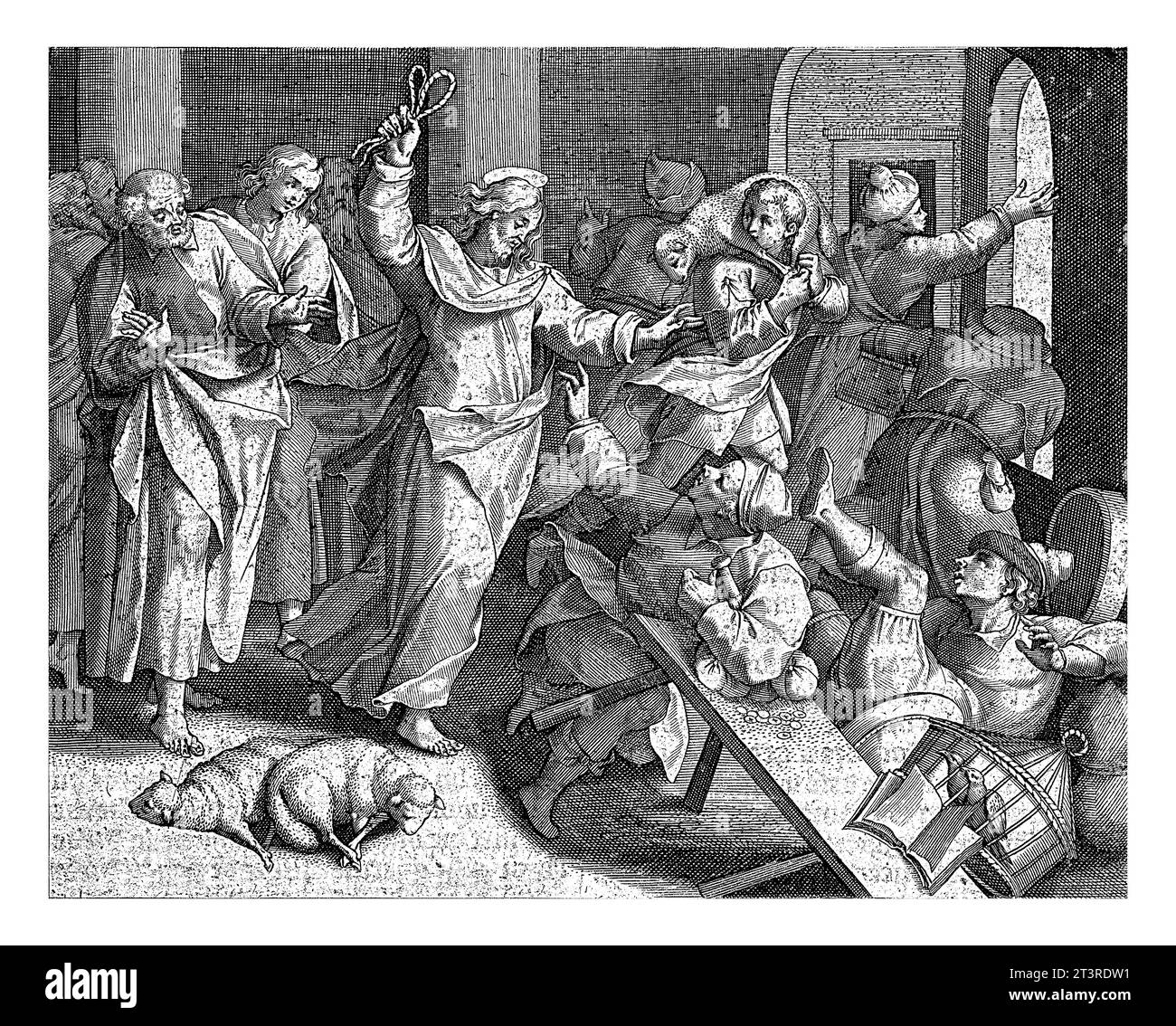 Espulsione dei cambiavalute dal tempio, Jan Collaert (II), dopo Maerten de Vos, 1597 Christ scacciò i cambiavalute e i venditori Foto Stock