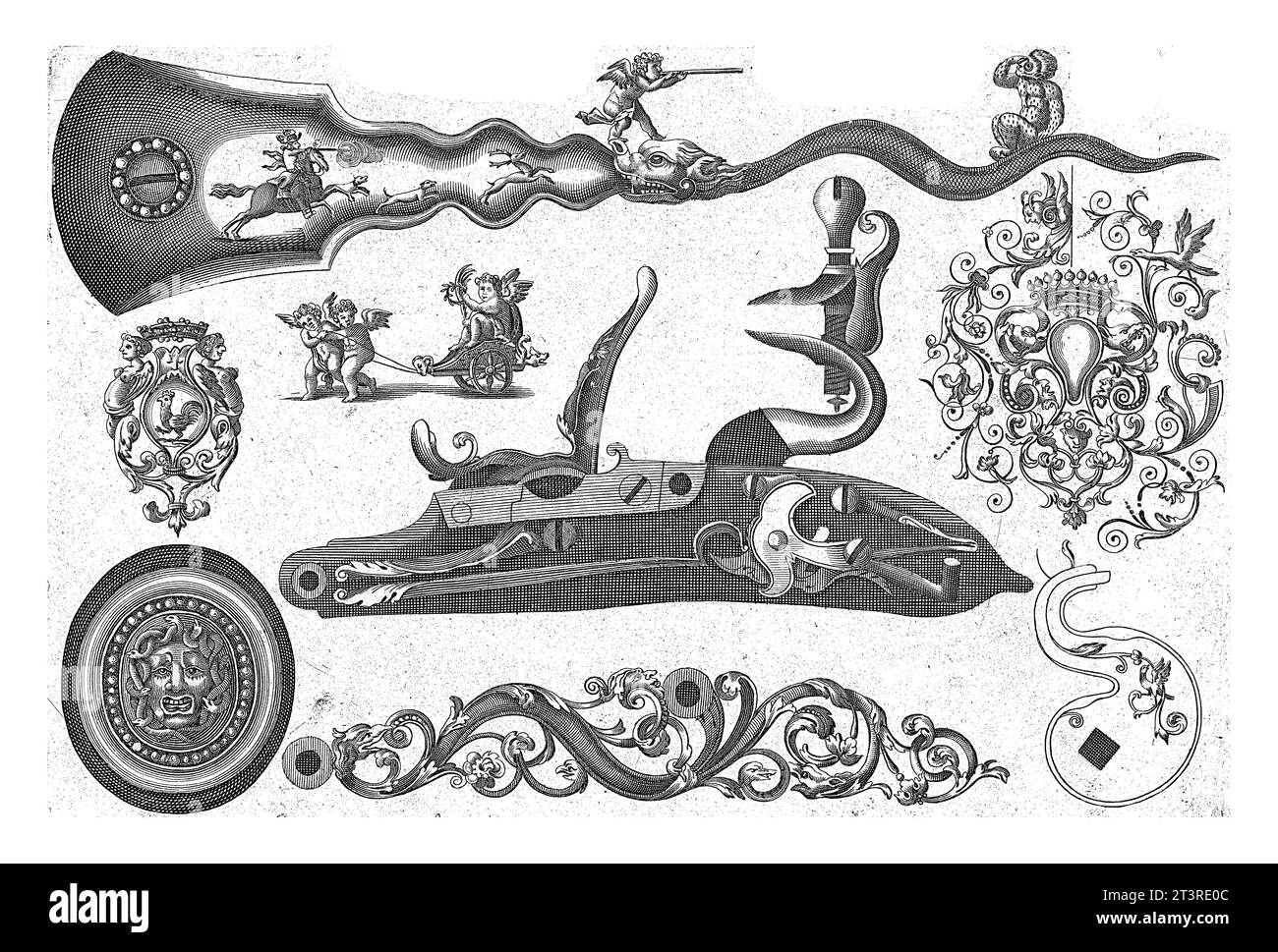 Eight Affuits and Ornaments for Rifles, Pieter Schenk (i), dopo Claude Simonin, 1692 dalla serie di 8 lame. Foto Stock