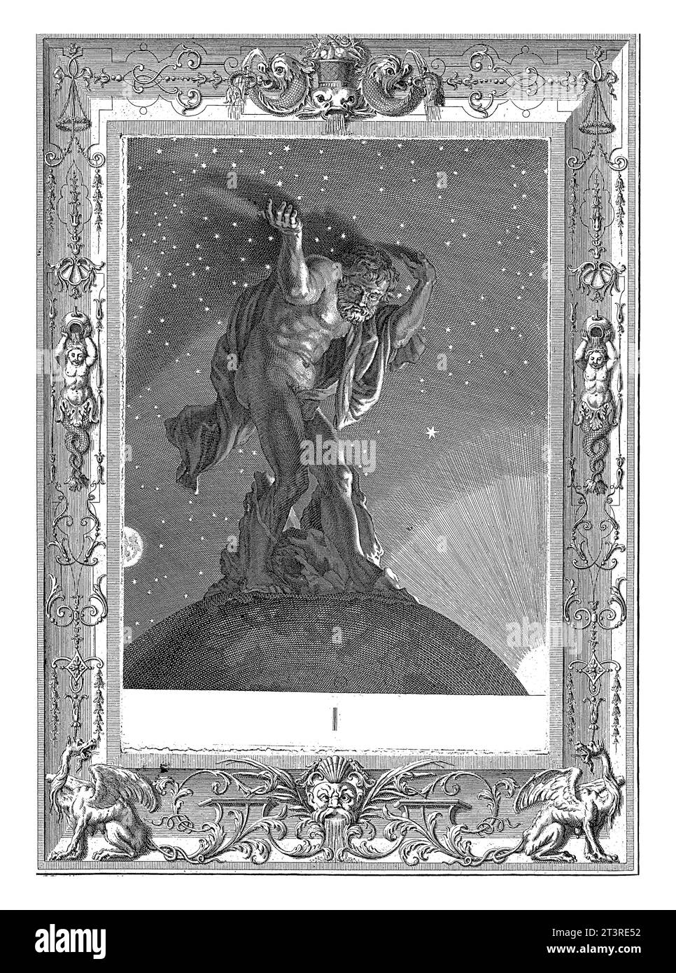 Atlas trasformato in una montagna, Bernard Picart (laboratorio di), dopo Bernard Picart, 1731 l'atlante titano porta il cielo sulla schiena, come punizione Foto Stock