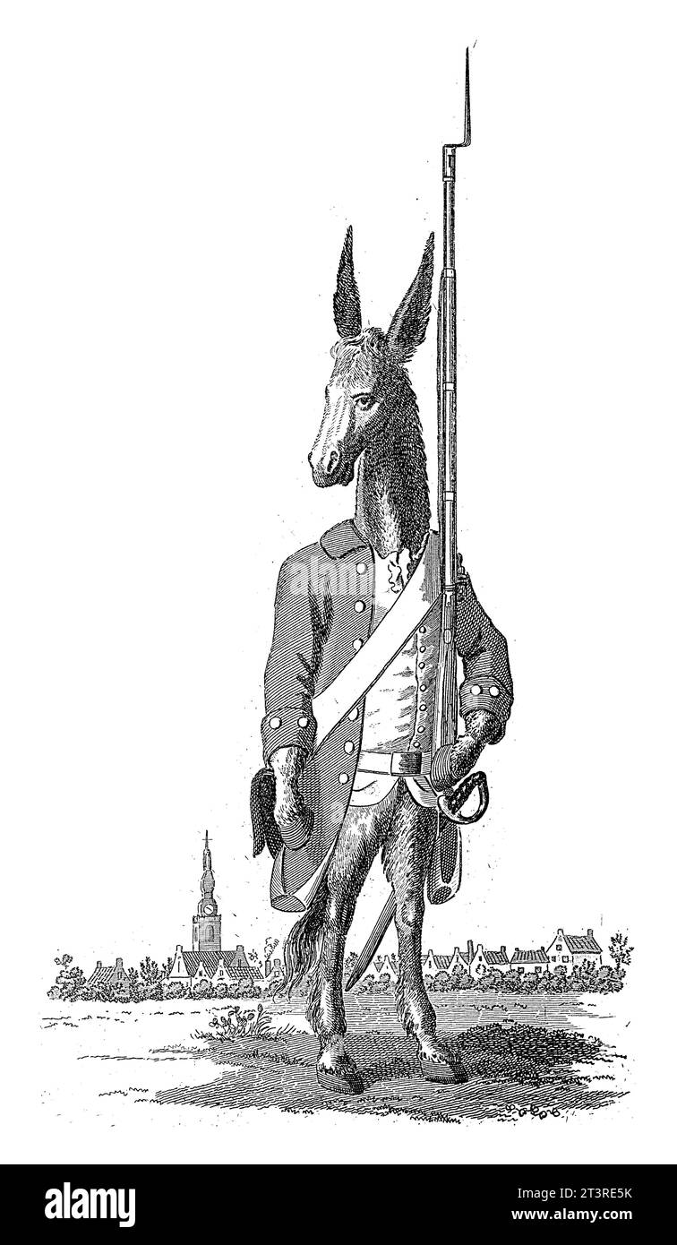 Cartone animato sui patrioti francesi, 1790, anonimo, 1785 - 1790 cartone animato sui patrioti in Francia, 1789-1790. Asino, in piedi sulle sue gambe posteriori, vestito Foto Stock