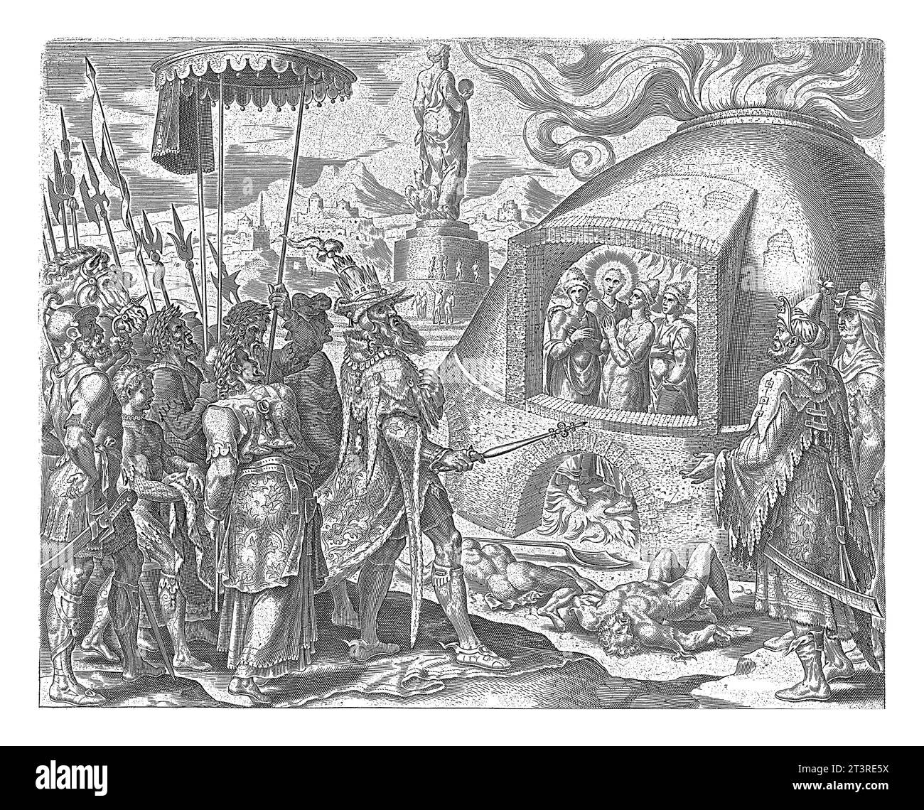 Nabucodonosor vede Shadrach, Meshach e Abednego illeso, Philip Galle, dopo Maarten van Heemskerck, 1565 Nabucodonosor viene a guardare la pelliccia Foto Stock
