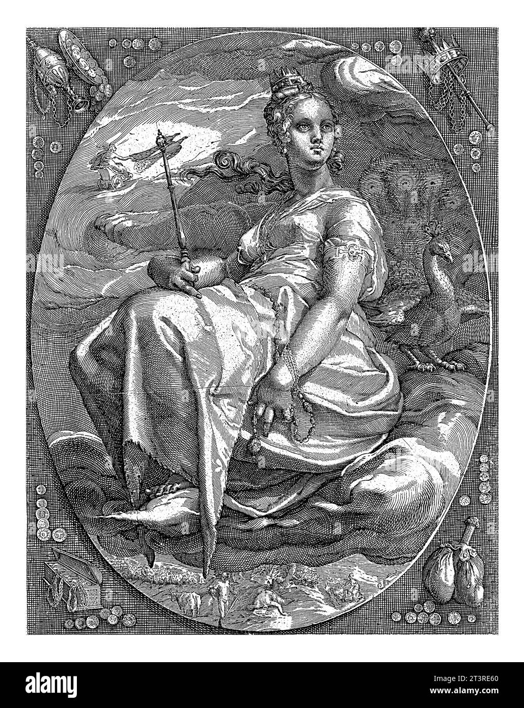 Juno, Crispijn van de Passe (i), dopo Hendrick Goltzius, dopo Jan Saenredam, 1574 - 1637 Juno seduto su una copertura nuvola, accompagnato dal suo simbolo Foto Stock