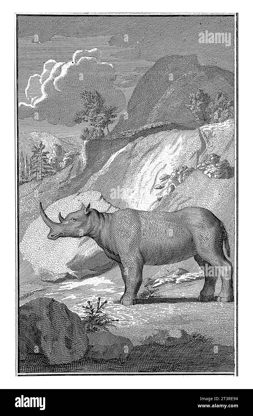 Paesaggio con rinoceronte, Jan Wandelaar, 1727 paesaggio montuoso con un rinoceronte che sorge sulla riva di un fiume. Foto Stock