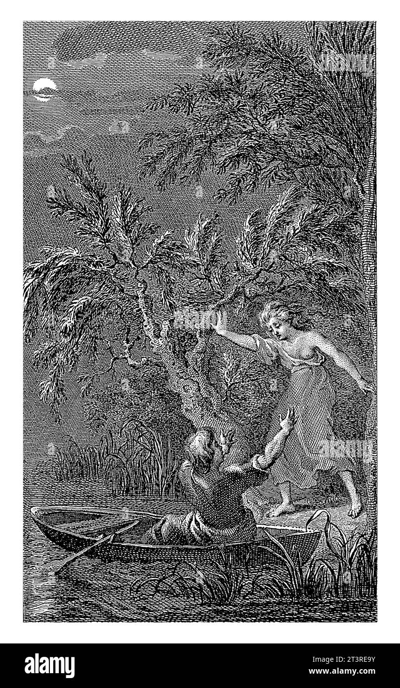 Vista notturna con Paulus e Virginia, Reinier Vinkeles (i), 1751 - 1816 Paul e Virginia sali su una barca a remi ai margini di una foresta, di notte. Illustr Foto Stock