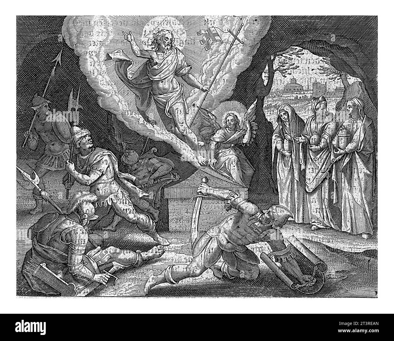 Risurrezione di Cristo, Jan Collaert (II), dopo Maerten de Vos, 1597 Cristo sorge dalla sua tomba. I soldati che giacciono intorno alla tomba si svegliano con un Foto Stock