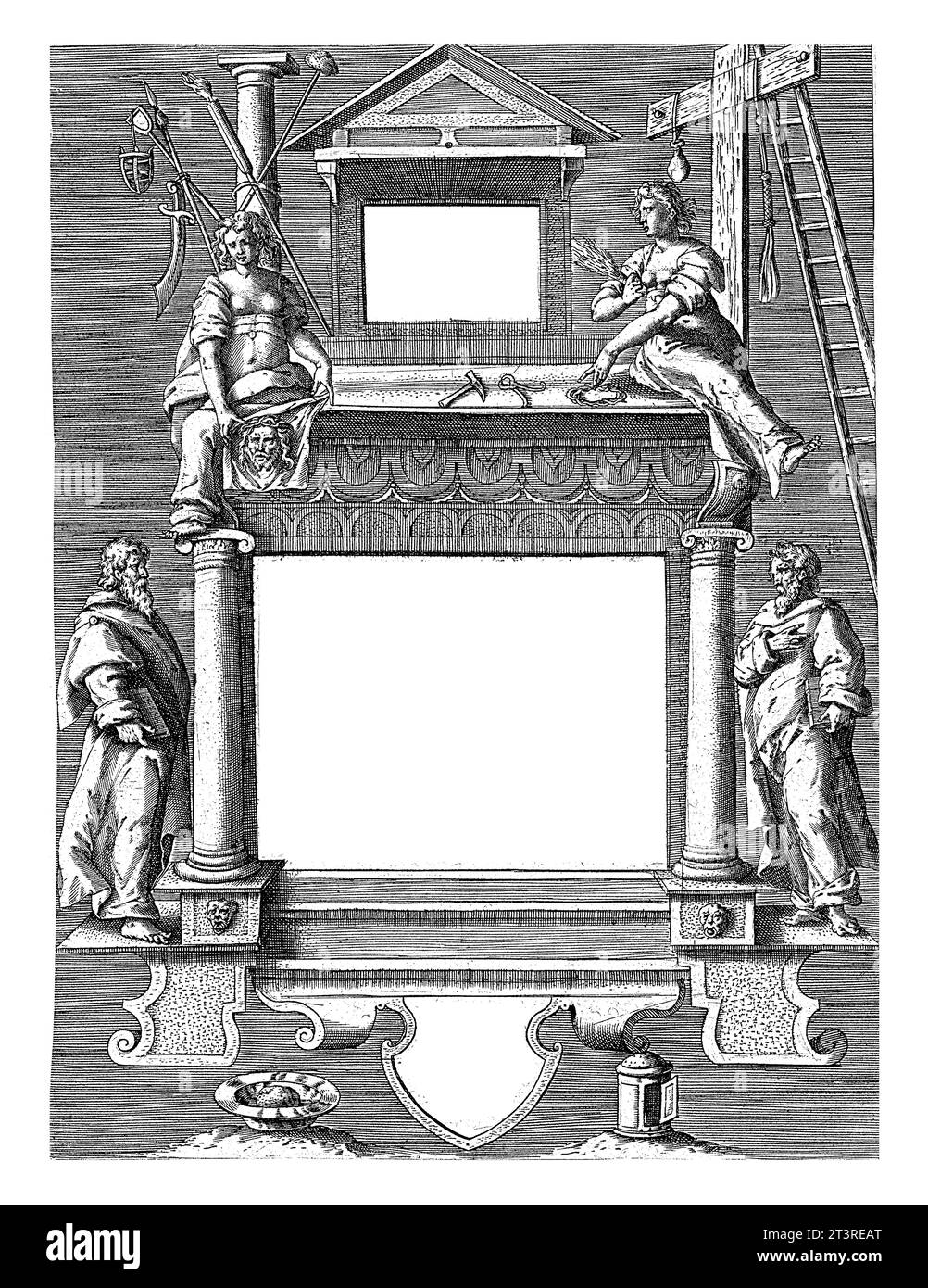 Cornice circondata da quattro Santi, Antonie Wierix (II), dopo Maerten de Vos, 1583 - 1587 cornice ornamentale, circondata da quattro santi e la passione per Foto Stock
