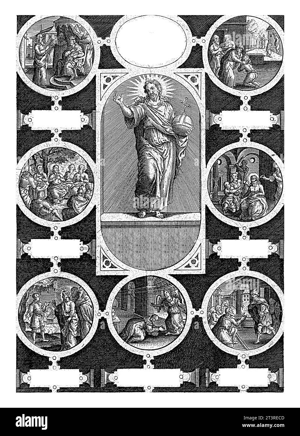 Sette opere spirituali di misericordia, Theodoor Galle (attribuito a), 1581 - 1633 centrale in una cornice ovale Cristo, che tiene un globo. Intorno al telaio ovale Foto Stock