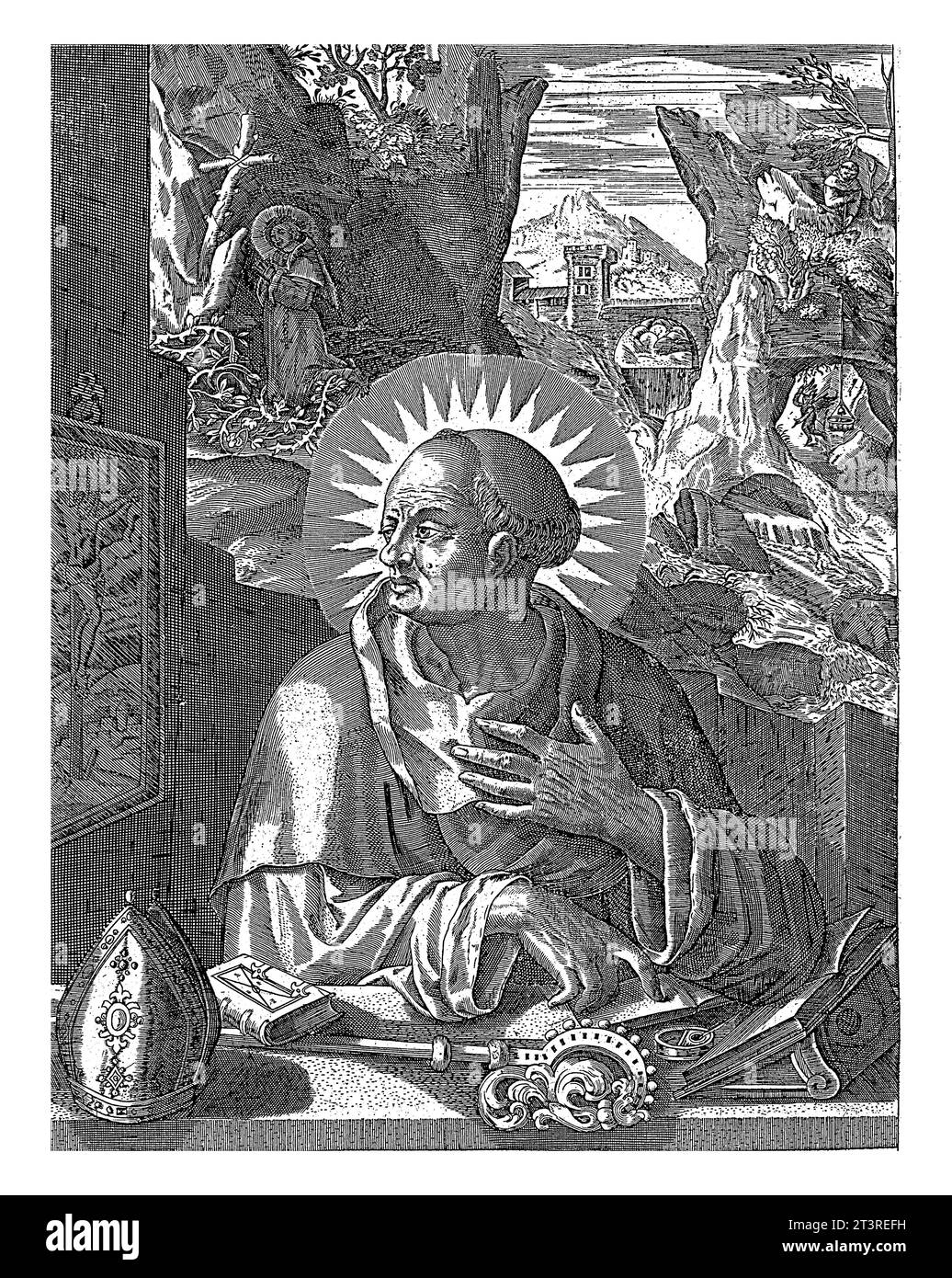 San Benedetto, anonimo, dopo Hieronymus Wierix, nel o dopo il 1563 Benedetto guarda un'immagine del Cristo crocifisso. Davanti a lui c'è una mitra Foto Stock