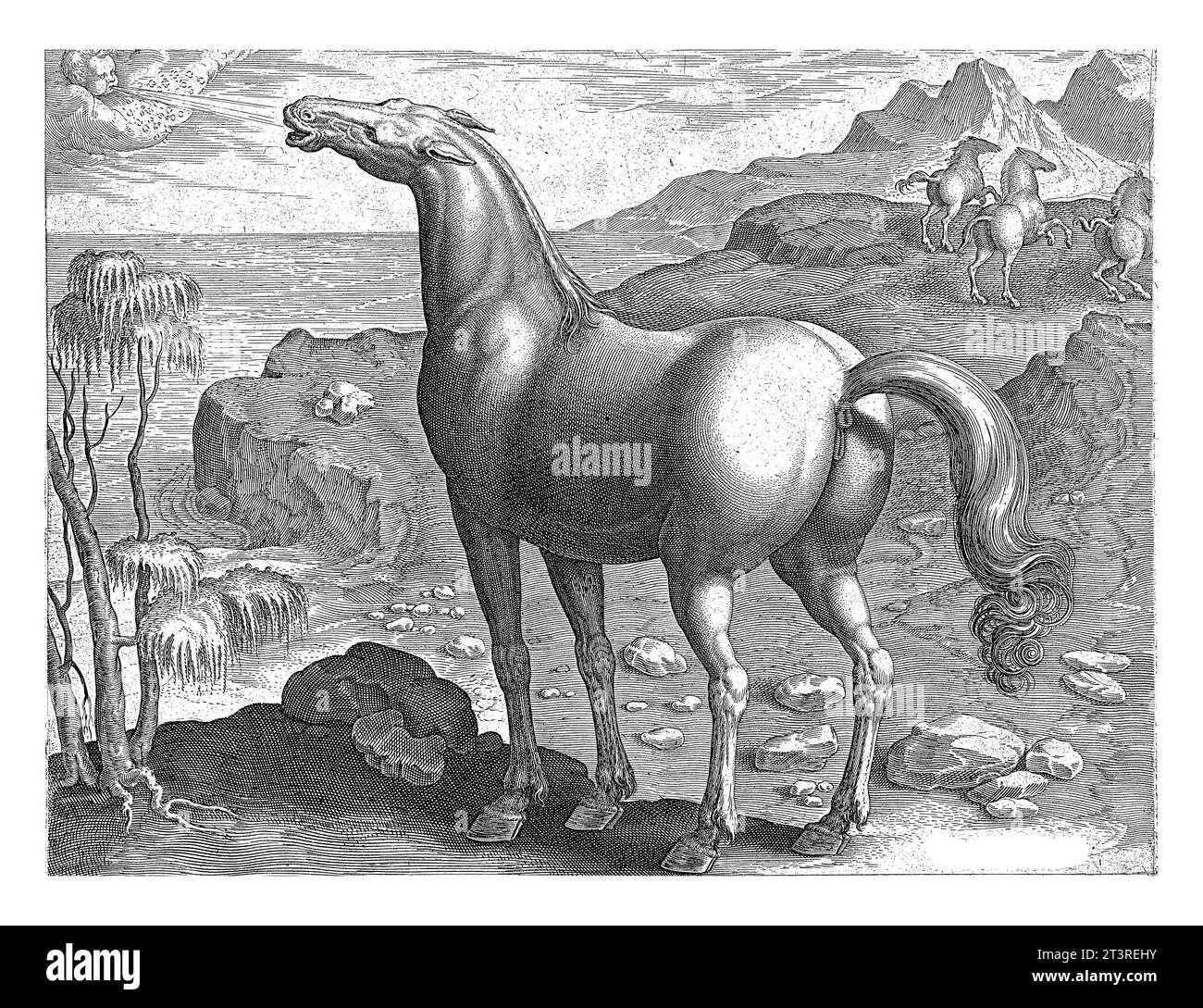 Zephyros concimò un mare, Hieronymus Wierix (attribuito a), dopo Jan van der Straet, c. 1583 - c. 1587 Zephyros, il vento occidentale, ferma un mare. Foto Stock