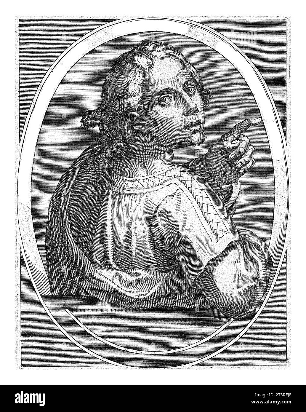 Hananiah, Cornelis Galle (i), dopo Jan van der Straet, 1613 il profeta Hananiah visto dalla sua schiena, in ovale con iscrizione latina. Foto Stock