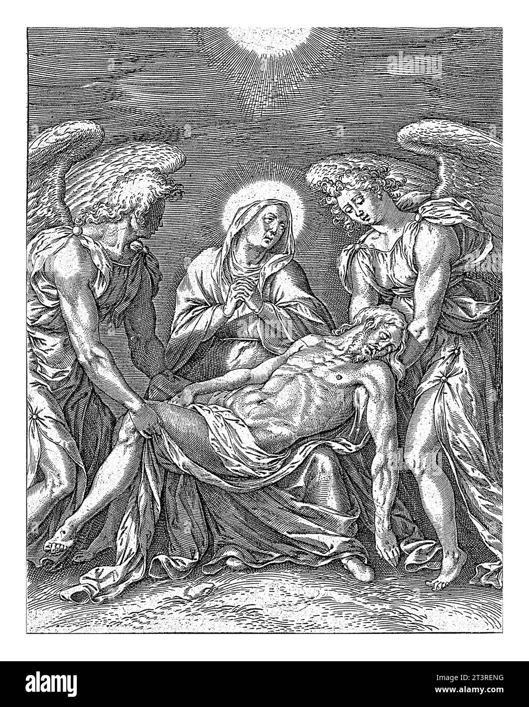 Pieta, Hieronymus Wierix, 1563 - prima del 1573 il Cristo morto giace sul grembo di Maria. Il suo corpo è sostenuto da due angeli. Al margine, una CA a sei righe Foto Stock