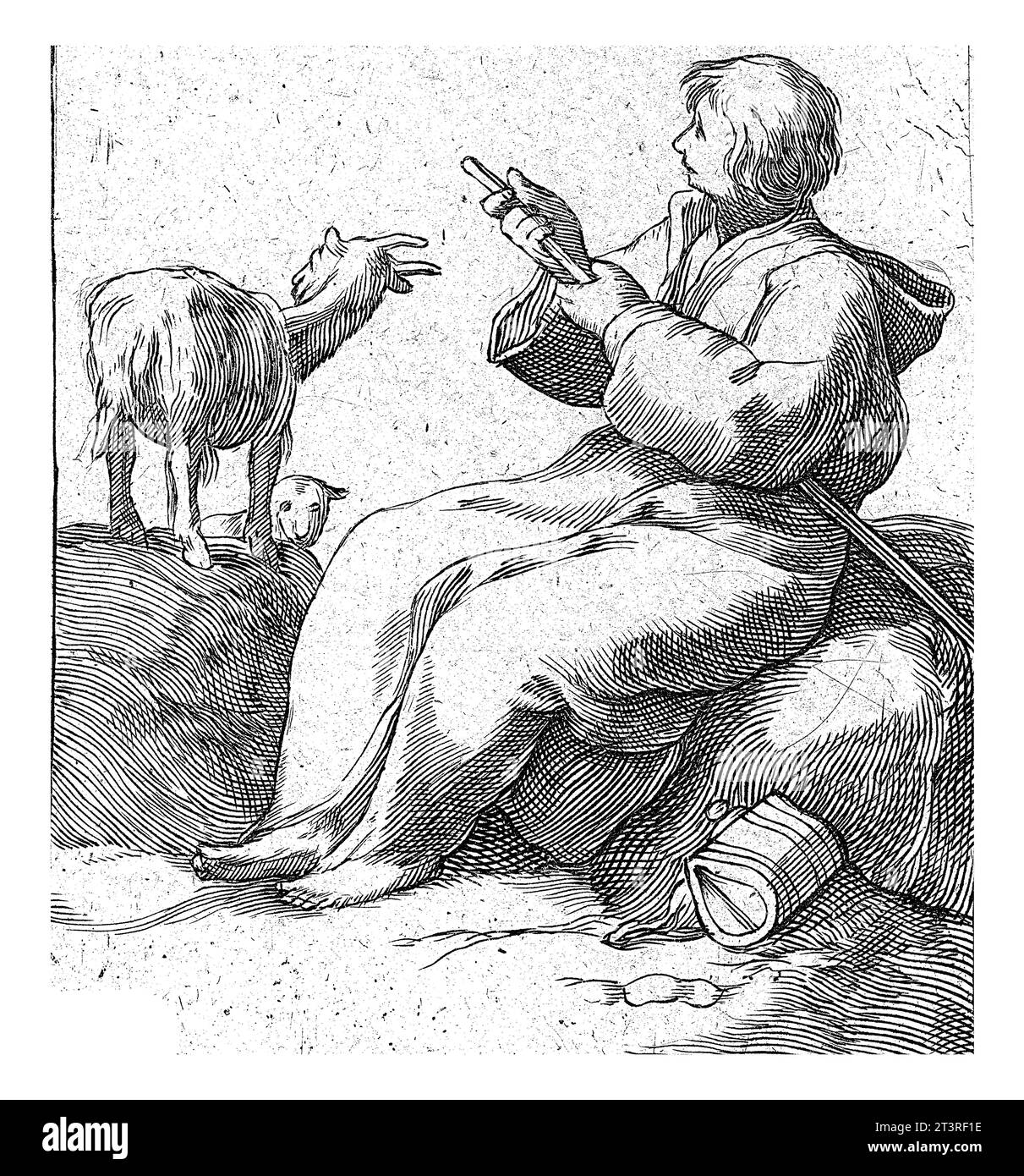 Goatherd seduto, Frederick Bloemaert, dopo Abraham Bloemaert, dopo il 1635 - 1709 circa Un uomo seduto con un bastone in mano. Una borsa a terra. Prossima t Foto Stock