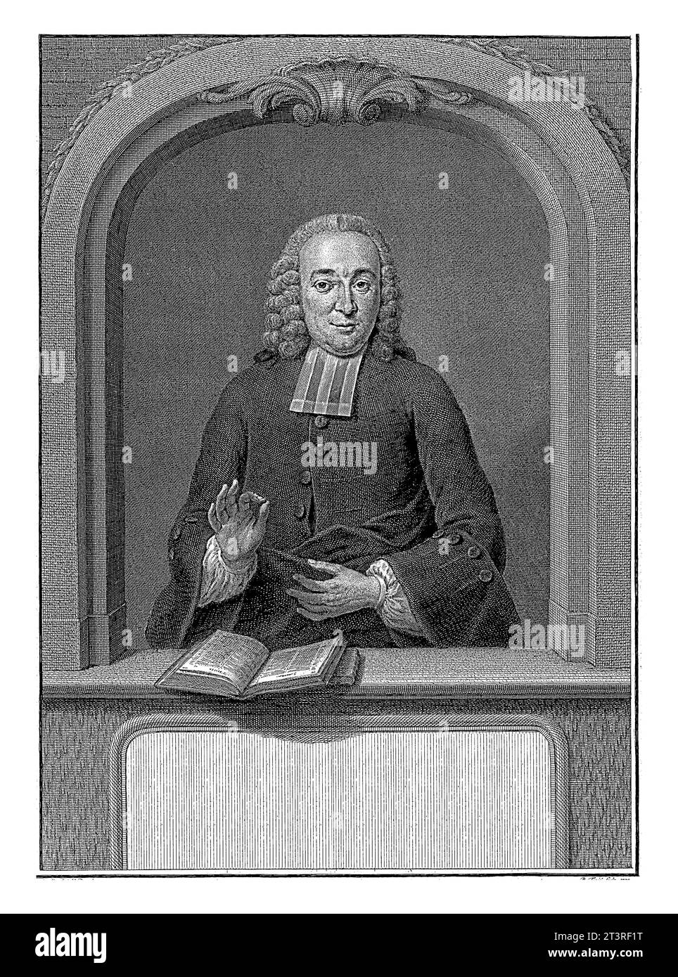 Ritratto di Daniel Serrurier, Jacob Houbraken, dopo Jan Maurits Quinkhard, 1759 Ritratto a metà di Daniel Serrurier in una finestra architettonica Foto Stock