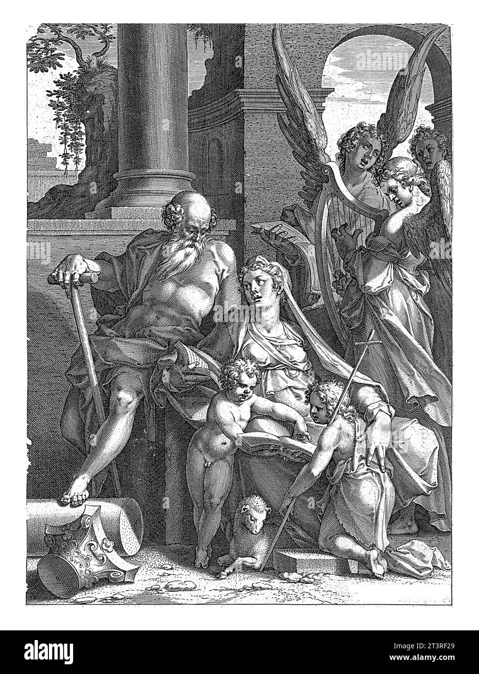 Sacra famiglia con Giovanni Battista, Johann Sadeler (i), dopo Bartholomeus Spranger, 1581 la Sacra famiglia con Giovanni Battista da bambino. Foto Stock