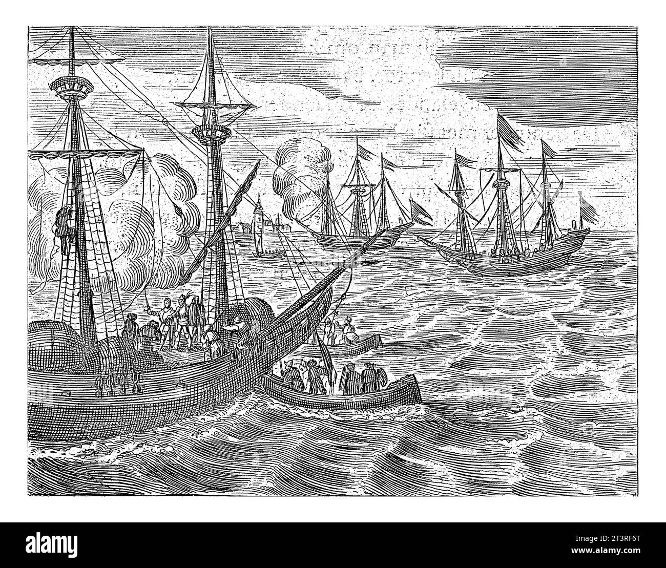 Mare con navi da guerra, anonimo, 1650 - 1750 navi a vela in mare. Sulla nave frontale ci sono uomini corazzati. Foto Stock