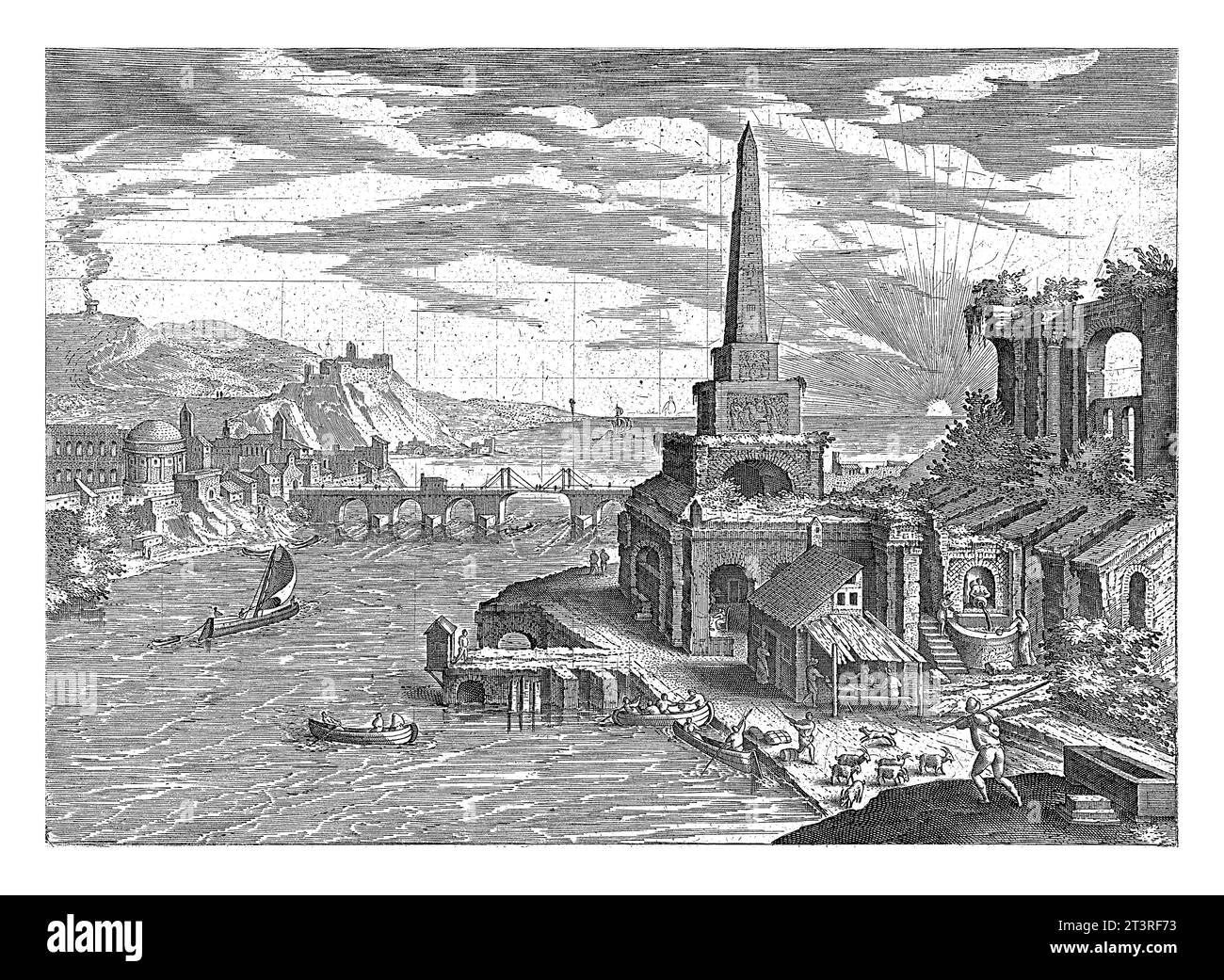 Paesaggio con obelisco, Adriaen Collaert, dopo Hendrick van Cleve, 1587 in primo piano sulla riva di un fiume con diverse barche. Un obelisco egiziano Foto Stock